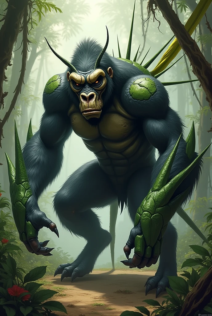 Chimpanzee ((praying)) in a dense jungle, he wears headdress with colorful feathers on his head, around him many wet foliage after heavy rain,,((masterpiece)))), (((best quality))), (((ultra-detailed)), (hyper-realistic), (highly detailed CG illustration), cinematic light, photorealistic, moss on the ground