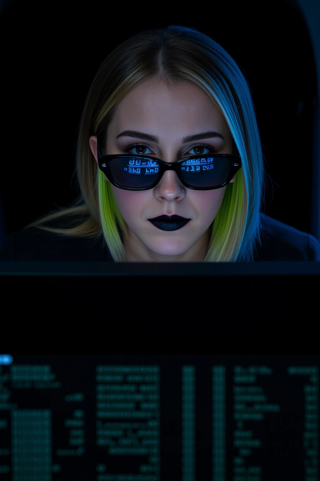 Incredible background, extreme closeup of Stunning female cyberpunk hacker, straight-cut two-tone hair, black with neon green highlights pop culture glasses, dark eye-shadow, black lipstick, looking at an unseen computer screen, her glasses reflecting neon blue mirrored, reversed ASCII analog text on a black background, Perfect Composition, realistic photographic image, RAW photo highest quality, perfect directional lighting, incredible cover photo, best background