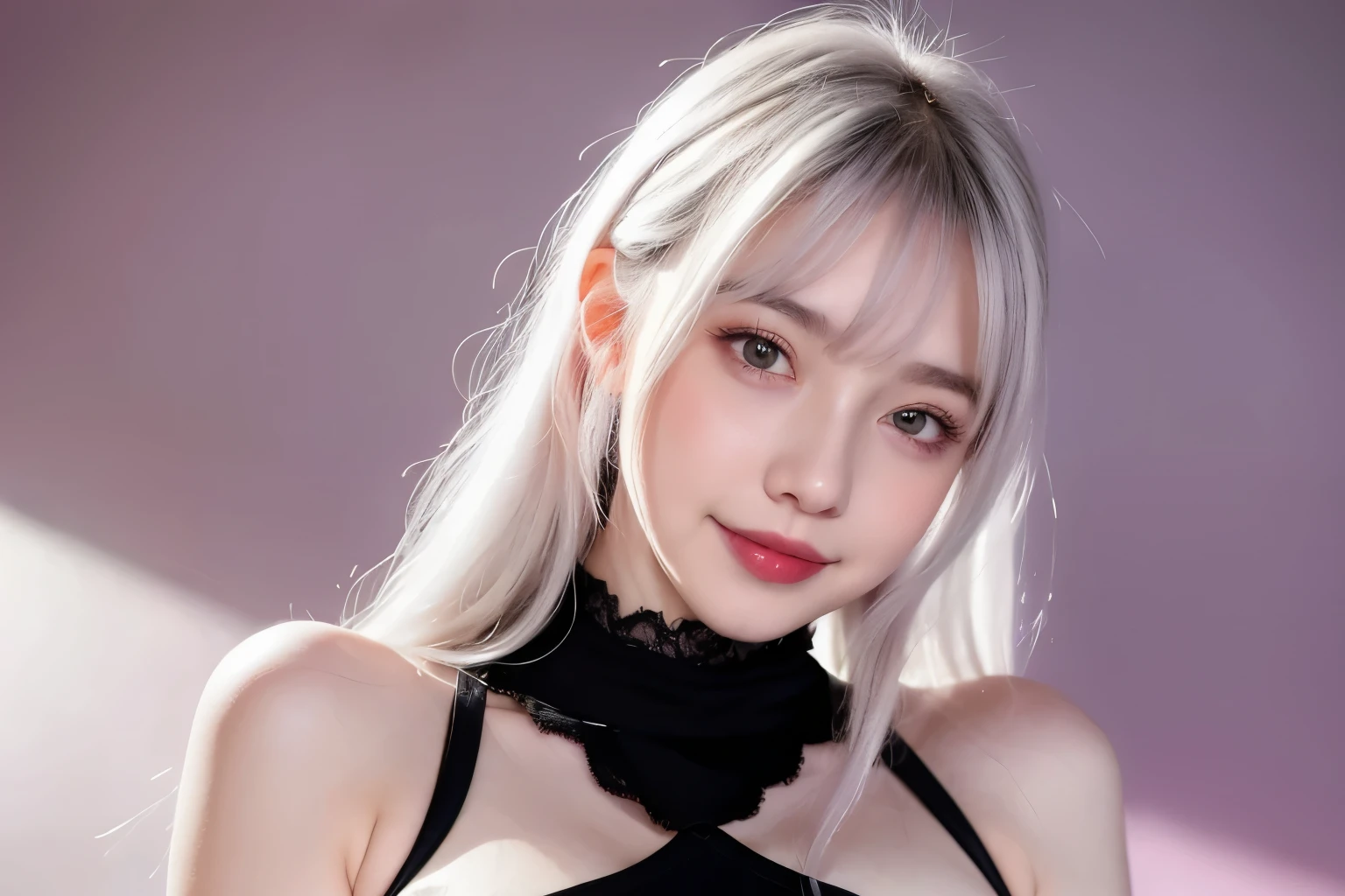 1girll, Heart-shaped pupils, finger nails, White hair, Purple eyes, (Blush:1.1), choker necklace, Upper body, Trembling, Sweat, drops of sweat, Heart, (Medium breasts:0.6), Love, Heart, Crop top, cheerfulness, Smile,  Lace, Bokeh, (freckle:0.8), Natural skin texture, Portrait, (shopping_Background:1.3),