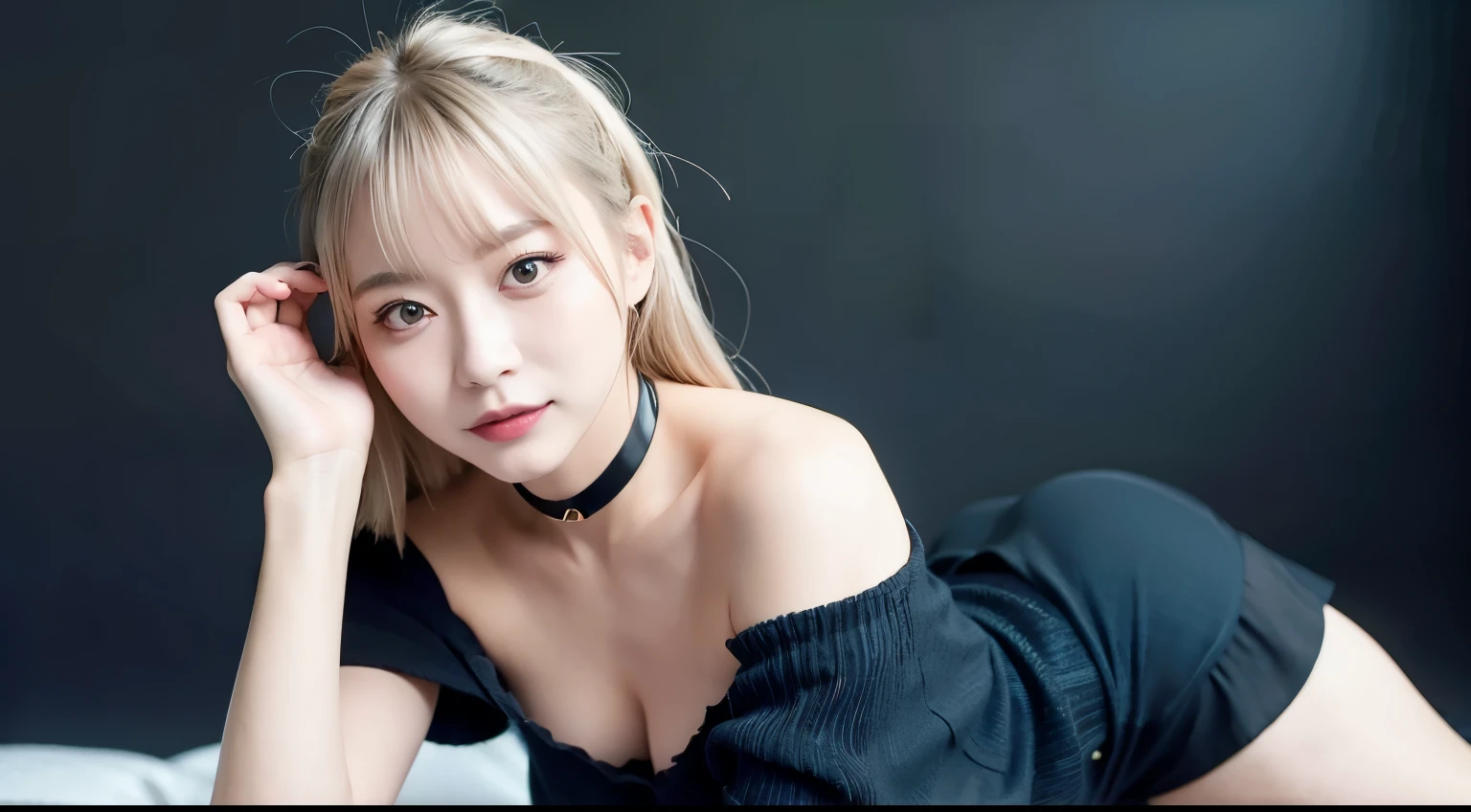 top-quality、超A high resolution、(Photorealsitic:1.4)、1 Japan Girl、Off-shoulder white shirt、Black tight skirt、Black Choker、(faded ash gray hair:1)、huge-breasted、looking at viewert、a closeup、A smile