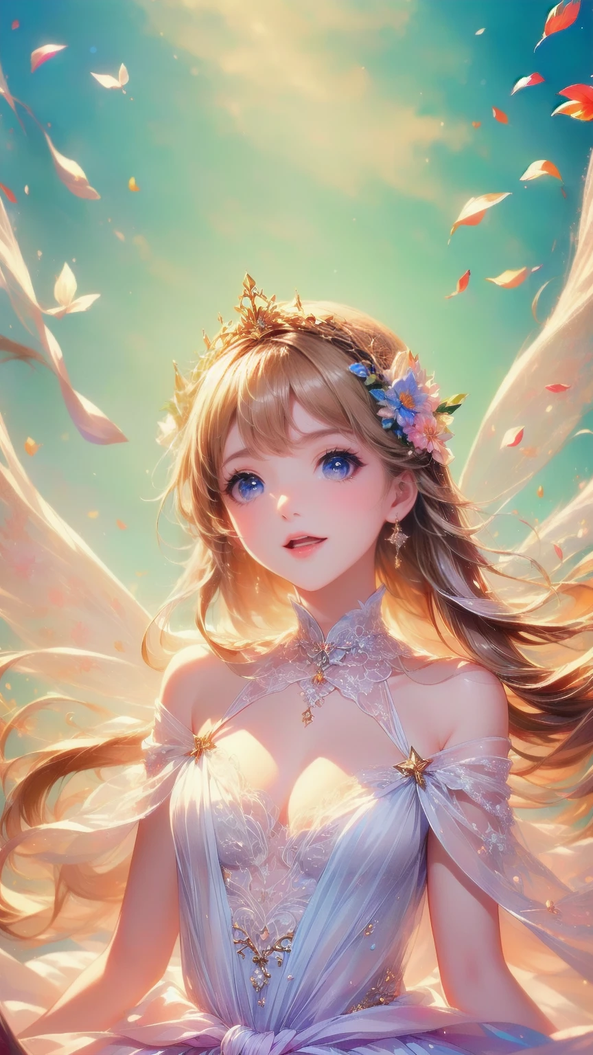 ( please redeem , masterpiece,  super detailed,  Very detailed,  exquisite, 16k,Full HD), Come a little closer ,Golden Ratio, Dramatic Lighting, pastel colors, seems happy,flying, soft lighting , ((Alone:1.5)),( blue sky,Morning Sky,sunny), magical forest ,flower,wood,Flower Field,Leaves and petals dance ,the above,((Upper body photo)), flowers fill the screen ,(Fairy Princess,  purple eyes,  has long eyelashes, white skin, slim,  pale pink fleshy lips  ,Pale pink cheeks,  The wind is blowing from, blonde alone,Thin and long,(  I narrowed my thin, tall nose,small nose),(the above her waist,  giant fairy wings ),The Magic of Flowers,flower tiara,  Diamond Earrings , diamond chokers,flower petal-inspired flower-adorned white ball gown dress,  lace and ruffles in sm's room,(smile:1.2), ( fantasy ,  Romantic Vibes), 