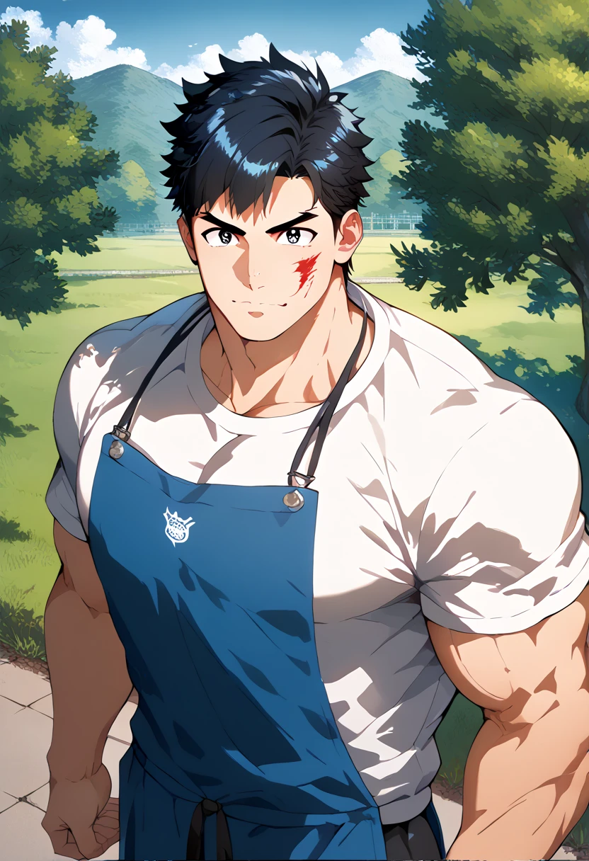 (high quality,high resolution,high detail,masterpiece:1.2), 1 boy, 18 years old, handsome face, pure and cute face, Detailed face, ****ergarten teacher, Casual white T-shirt, Blue apron, cute, Male focus, muscular, muscular male, Chest muscles, black short hair, black eyes, detailed eyes, Solo, Solitary, Full upper body angle