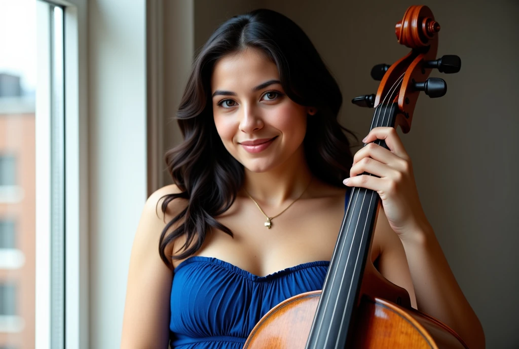 Professional photo of a woman with long, curly black hair, standing indoors near a window, playing a violoncello. She is dressed in a sleeveless blue dress with a gathered neckline, cinched at the waist. She is looking at the camera with a slight smile, wearing a necklace with a cross pendant, and has a calm, composed expression. Soft lighting highlights her features. The background shows part of the interior wall and window frame. Detailed, vibrant colors, high detail, ultra-realistic --ar 4:5 --s 750 --v 6 --style raw
