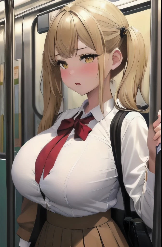 (nsfw), ((masterpiece, Best Quality)), very detailed, 1girl, ((big breasts)), ((lift up skirt by self)), (white panties), Blonde_hair, long_hair, bangs, hair_ornament, twintails,hair_ornament, yellow_eyes, sidelocks, brown_eyes, school uniform, ((brown shirt)), long sleeve, (brown skirt), (micro skirt), embarrassed, blush,  in the train、 crowded trains near the door