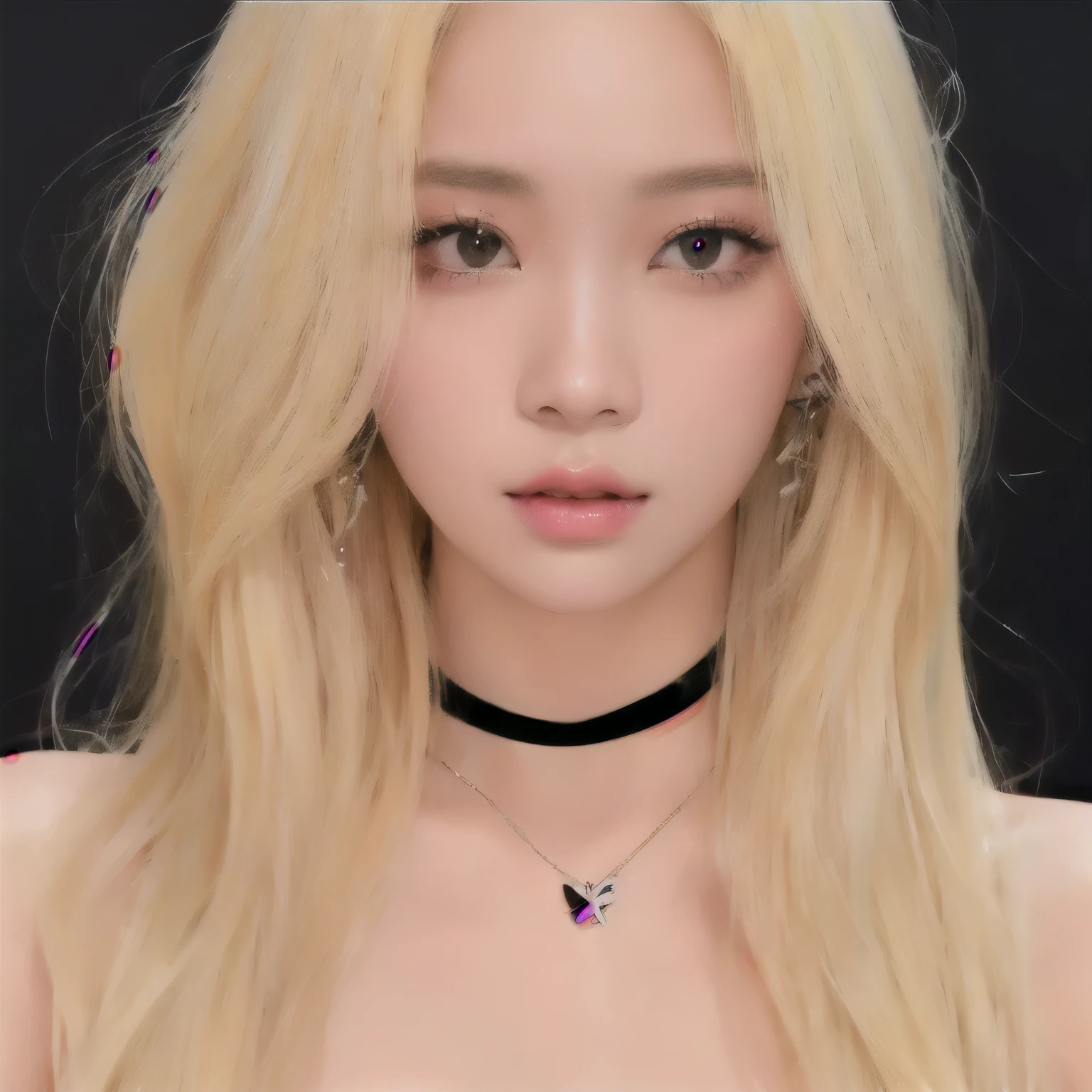 un primer plano de una mujer con cabello largo y rubio que llevaba un estrangulador, portrait of jossi de blackpink, parque roseanne de blackpink, Kim Doyoung, jinyoung shin, ulzzang, Lalisa Manobal, sun yunjoo, jossi de blackpink, pale, shiny skin, jia, Lalisa Manoban de Blackpink, pale porcelain white skin