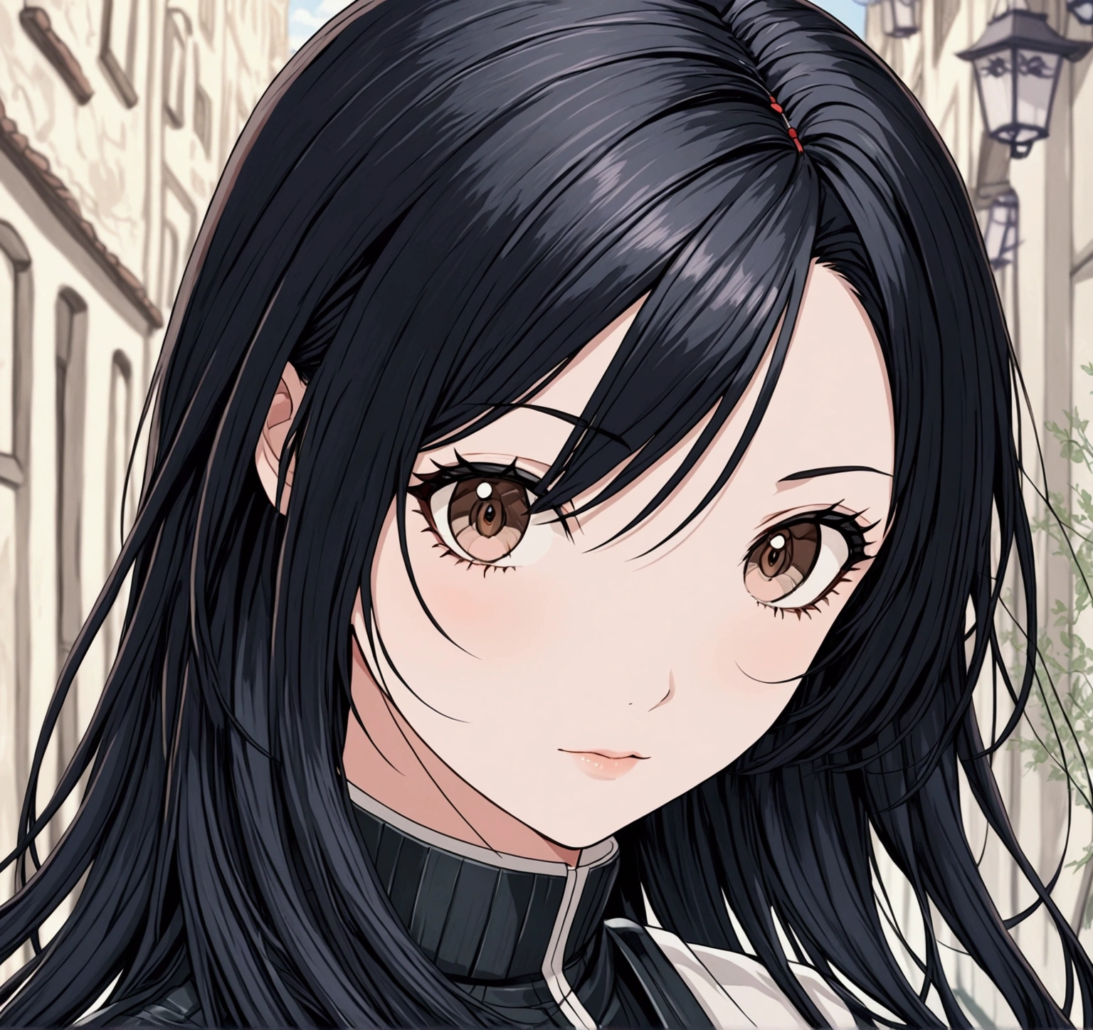 Naruto artstyle young adult female in a black, practical ninja outfit with long, sleek black hair, a 70s middle-part hairstyle, dark brown eyes, and fair skin. Use Shin Ye-eun as inspiration.