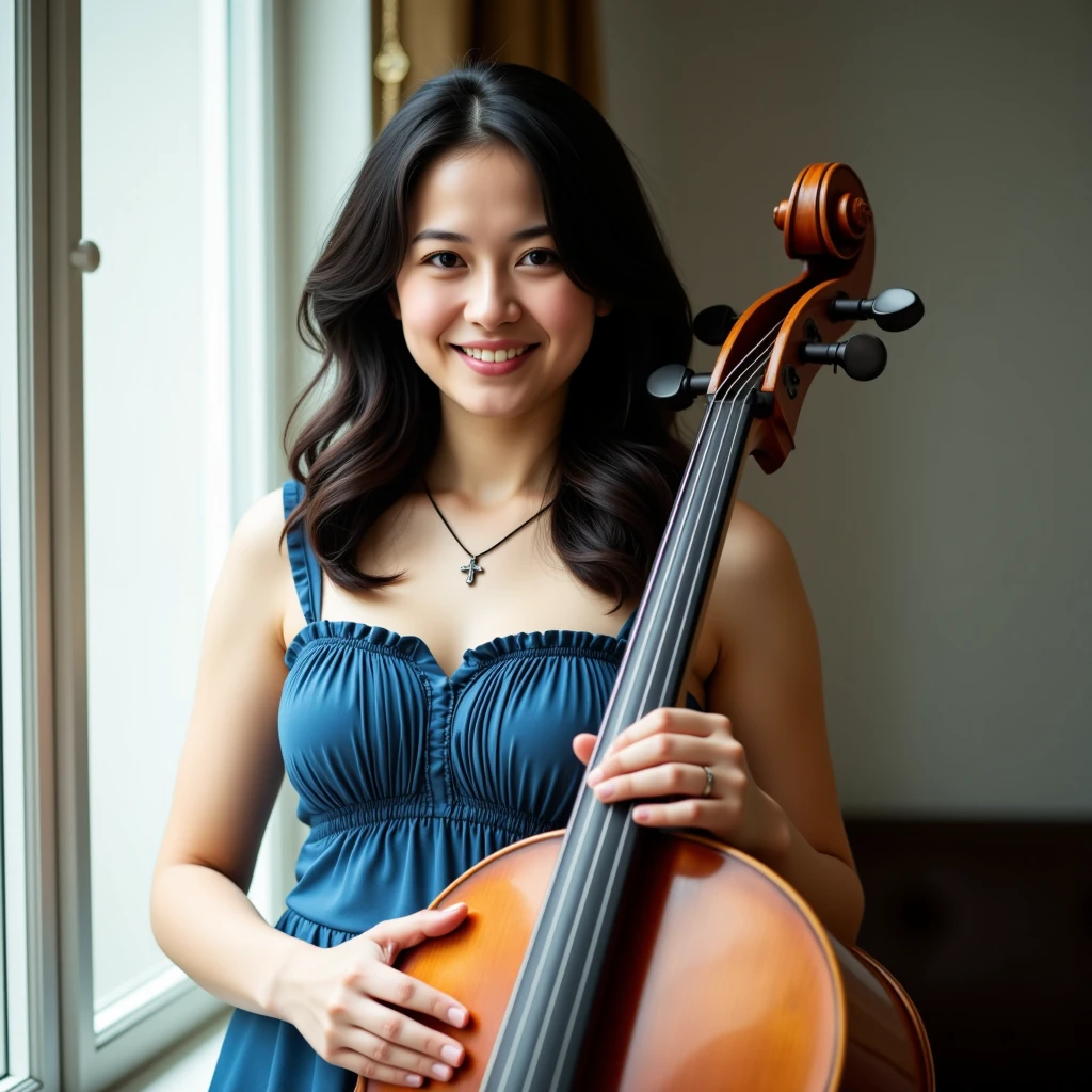 Professional photo of a woman with long, curly black hair, standing indoors near a window, playing a violoncello. She is dressed in a sleeveless blue dress with a gathered neckline, cinched at the waist. She is looking at the camera with a slight smile, wearing a necklace with a cross pendant, and has a calm, composed expression. Soft lighting highlights her features. The background shows part of the interior wall and window frame. Detailed, vibrant colors, high detail, ultra-realistic --ar 4:5 --s 750 --v 6 --style raw
