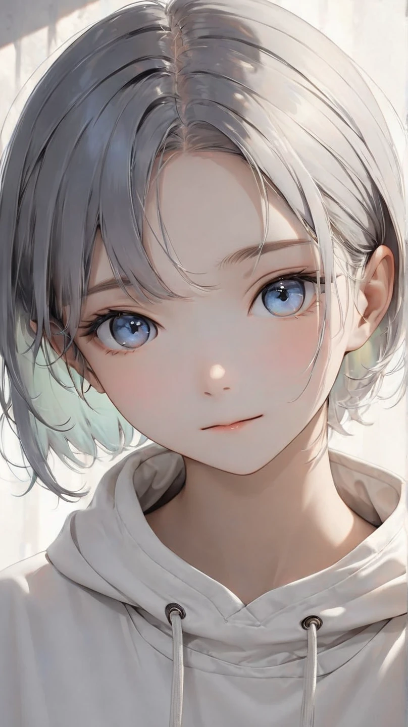 (8k, best quality, masterpiece:1.5), a calm and introspective young woman, short slightly tousled light gray hair with a faint bluish tint, sleek and casual hairstyle with soft layers, boyish and androgynous charm, serene expression, subtle and gentle smile, minimalist and casual outfit, modern streetwear elements, oversized hoodie or plain t-shirt, relaxed-fit pants in neutral tones, soft natural light, tranquil and dreamy mood, ethereal and mysterious atmosphere,  pixie cut, clear skin, vibrant colors, simple background, dark gray hair with side undercut, Parted Bangs, shaved sides hair,  symmetrical and cute face, (cute baby face), (beautiful detailed face), (beautiful eyes), looking at viewer, 