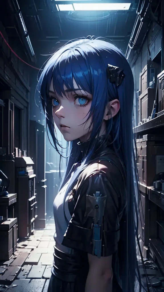 a beautiful sad girl with long blue hair, ultra-detailed, intricate conceptual art, dark moody atmosphere, dramatic lighting, cinematic composition, highly detailed face and eyes, expressive pose, artstation quality, anime