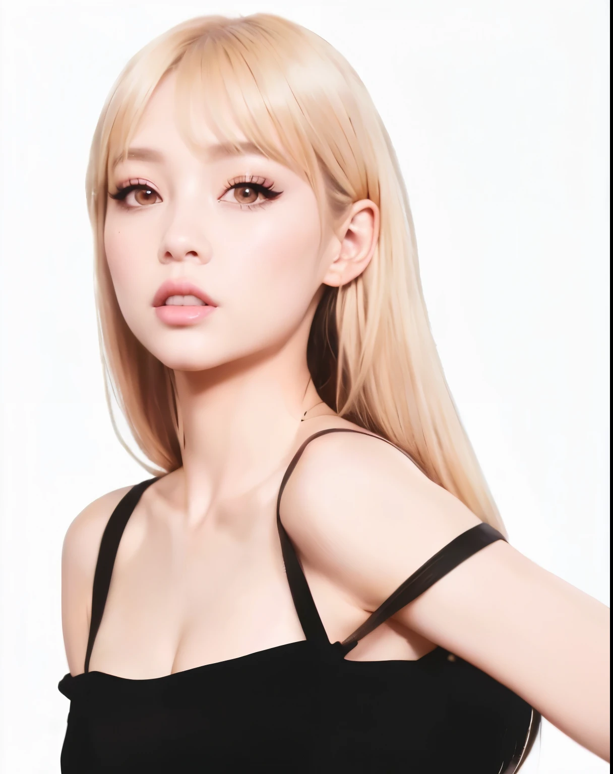 Blonde woman with long hair and black dress posing for a photo, blackpink jossi portrait, in the Art style of bowater, Portrait of Kim Petras, Kpop Idol Portrait, portrait of female Korean idol, Lalisa Manobal, roseanne park of blackpink, Lalisa Manoban of Blackpink, digital anime illustration, Digital art of an elegant