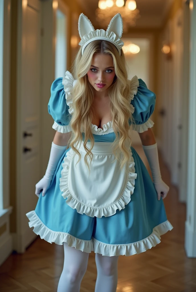 masterpiece, 1girl, solo, make her a  Alice in Wonderland with blonde hair, powder blue dress with white apron, white stockings, cleavage, dynamic, ultra high def, 32k, (perfect :1.5), perfect legs, in the style of Artgerm and Adam Hughes, perfect arms, downblouse