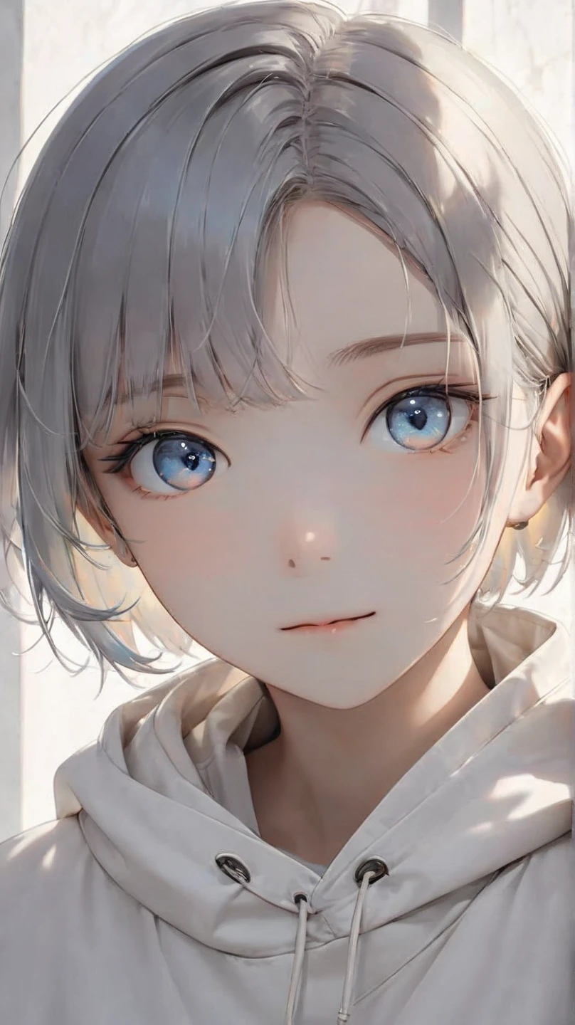 (8k, best quality, masterpiece:1.5), a calm and introspective young woman, short slightly tousled light gray hair with a faint bluish tint, sleek and casual hairstyle with soft layers, boyish and androgynous charm, serene expression, subtle and gentle smile, minimalist and casual outfit, modern streetwear elements, oversized hoodie or plain t-shirt, relaxed-fit pants in neutral tones, soft natural light, tranquil and dreamy mood, ethereal and mysterious atmosphere,  pixie cut, clear skin, vibrant colors, simple background, dark gray hair with side undercut, forehead, Parted Bangs, shaved sides hair,  symmetrical and cute face, (cute baby face:1.3), (beautiful detailed face:1.2), (beautiful eyes:1.3), looking at viewer, 