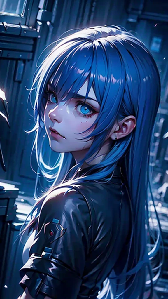 a beautiful girl with long blue hair, ultra-detailed, dark moody atmosphere, dramatic lighting, cinematic composition, highly detailed face and eyes, expressive pose, artstation quality, anime