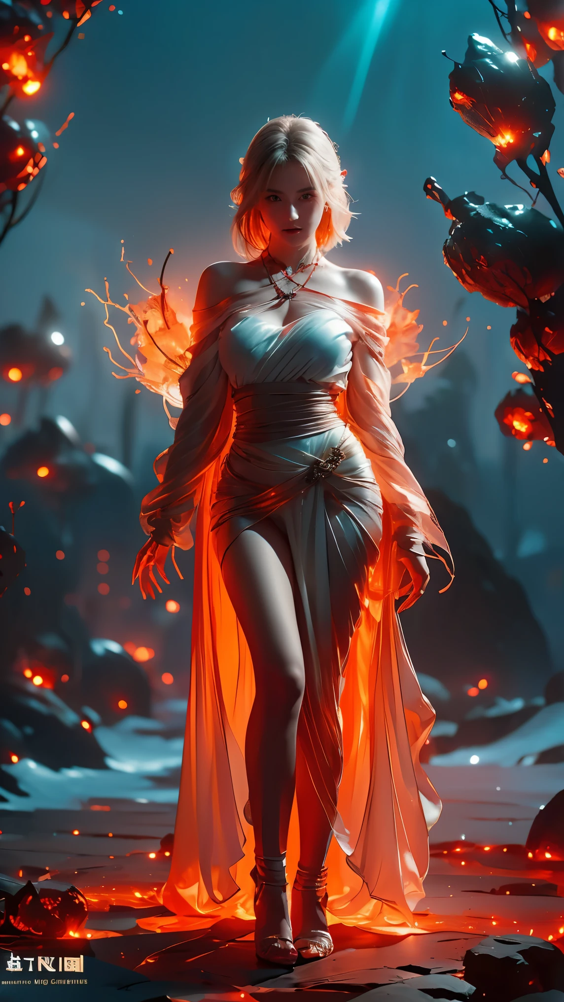 (Many award-winning masterpieces with incredible details, textures and maximum details), (Hyper-realistic: 1.4), (Realistic: 1.3), (Highest quality real textured skin), Fantasy theme, black clothes, black cloak, Cyber elements, red light, blue light, finely detailed face, ((Medieval World)), (Full Body Portrait: 1.6), ((Lord's Flame Demon)), (((Lord's Hellfire Demon))) , (bright cold eyes), (full body standing picture: 1.6), (with a naughty smile on the face), (eyes that glow red in the dark: 1.5), (a pair of red eyes with a strong red light emitting from inside) :1.5), (full body standing image: 1.5), (fire and flames swirling in the background), (dramatic light), wings, (majestic sight), (her face is gentle and beautiful, but somehow scary), ears Glass earrings on, (dramatic photo: 1.4), (full body portrait: 1.5), ((dramatic pose)), (blond hair), (silver hair), (chestnut hair), short hair, ((looking up)) , ((Look down)), (A simple necklace of exquisite workmanship hangs around the neck), (Bioluminescence that exudes brilliant light: 1.3), (Use gorgeous fire magic: 1.2), (Spinning flames), Devil's Basilica, Great Shrine of Devil, Great Temple, Great Cathedral, Temple Ruins, Freestanding Temple, (Glowing Magic Circle), Ancient Castle Ruins, Shining Majestic Clouds and Sky, Lightning, Epic Reality, Fading, Art, (Greg Rutkowski: 0.8), (Teal and Orange: 0.4), (ArtStation: 1.5), Cinematic, ((Neutral Colors)), (hdr: 1.5), (Pastel Colors: 1.2), Ultra Detailed, Dramatic light, (complex detail: 1.1), complex background,