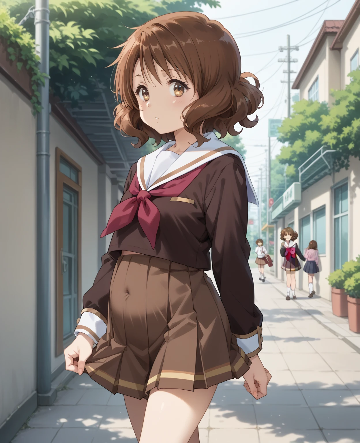  one girl with brown hair sticking forward 、kumiko oumae (kumiko oumae, brown eyes, brown hair, short hair, wavy hair,)(skirt, shirt, long sleeves, school uniform, pleated skirt,  serafuku, neckerchief, brown skirt, white sailor collar, brown shirt, kitauji high school uniform, red neckerchief,),  sticking forward facing down and chuckle 、big belly, Walking on the sidewalk、 pat your stomach with your hands sticking forward 、 place your palm on your abdomen、looking back at viewer,