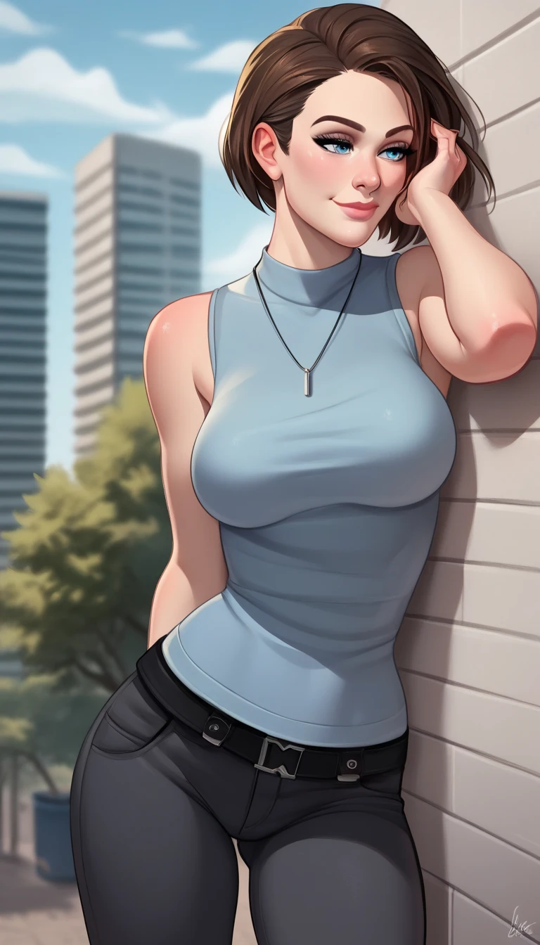 from dive,leaning against a half wall and Hand Resting on Face, high resolution, detailed, ultra detailed, 8k, ultra sharp, masterpiece, 1female (JillValentineRE3:remake1.3) Jill Valentine, sleeveless shirt, pants, game character (corrects hands) (corrects anatomy) athletic, layered bob haircut with side parting, tired expression (little smile) park, natural environment.