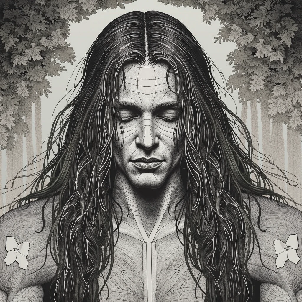(by Yuko Higuchi, 1.4), Yuko Higuchi, (by Yoh:1.2), (Masterpiece, Best Quality, Official Fine Art, Beauty and Aesthetics :1.2), (Super Detail), Fine Detail, Best illustration, Hand-drawn high quality, (high contrast), (Clean Lines :1.3), (Line art), Line drawing, (complex lines), ligne claire, fractal art, strokes, ukiyo-style, (portrait, above chest, extreme close-up :1.1), muscular hunk, wearing only a see-through thong (he is surrounded by dead trees :1.1), perfect features of supermodel, full body display (close-cropped hair, stubble), Corpose MONEY BOY, surround composition, flat chest, mysterious night, extremely provocative and sexy (adds detail), (detail background :1.2), (color), high resolution