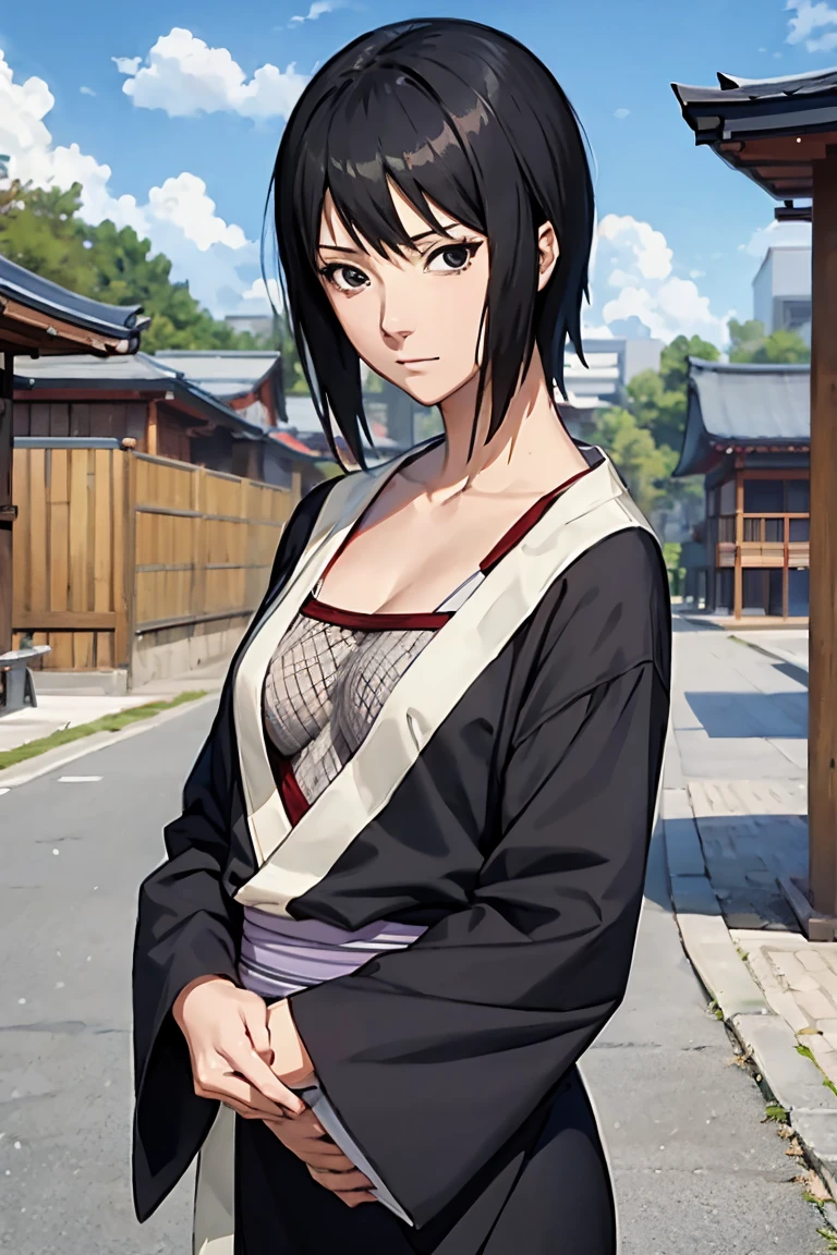 Anime style, masterpiece, best quality, shizune, black kimono, No bra, (small breasts),  looking at viewer, slight smile, Neckline, She's not wearing a shirt underneath, japanese architecture, outdoors, sky, realistic