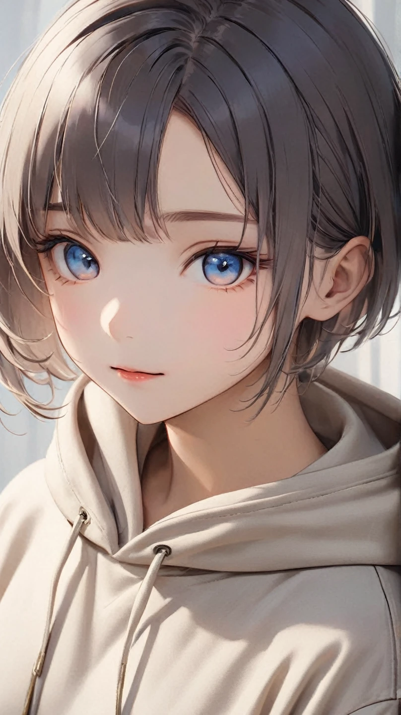 (8k, best quality, masterpiece:1.5), a calm and introspective young woman, short slightly tousled light gray hair with a faint bluish tint, sleek and casual hairstyle with soft layers, boyish and androgynous charm, serene expression, subtle and gentle smile, minimalist and casual outfit, modern streetwear elements, oversized hoodie or plain t-shirt, relaxed-fit pants in neutral tones, soft natural light, tranquil and dreamy mood, ethereal and mysterious atmosphere, pixie cut, clear skin, vibrant colors, simple background, dark gray hair with side undercut, forehead, Parted Bangs, shaved sides hair, symmetrical and cute face, (cute baby face:1.3), (beautiful detailed face:1.2), (beautiful eyes:1.3), looking at viewer,