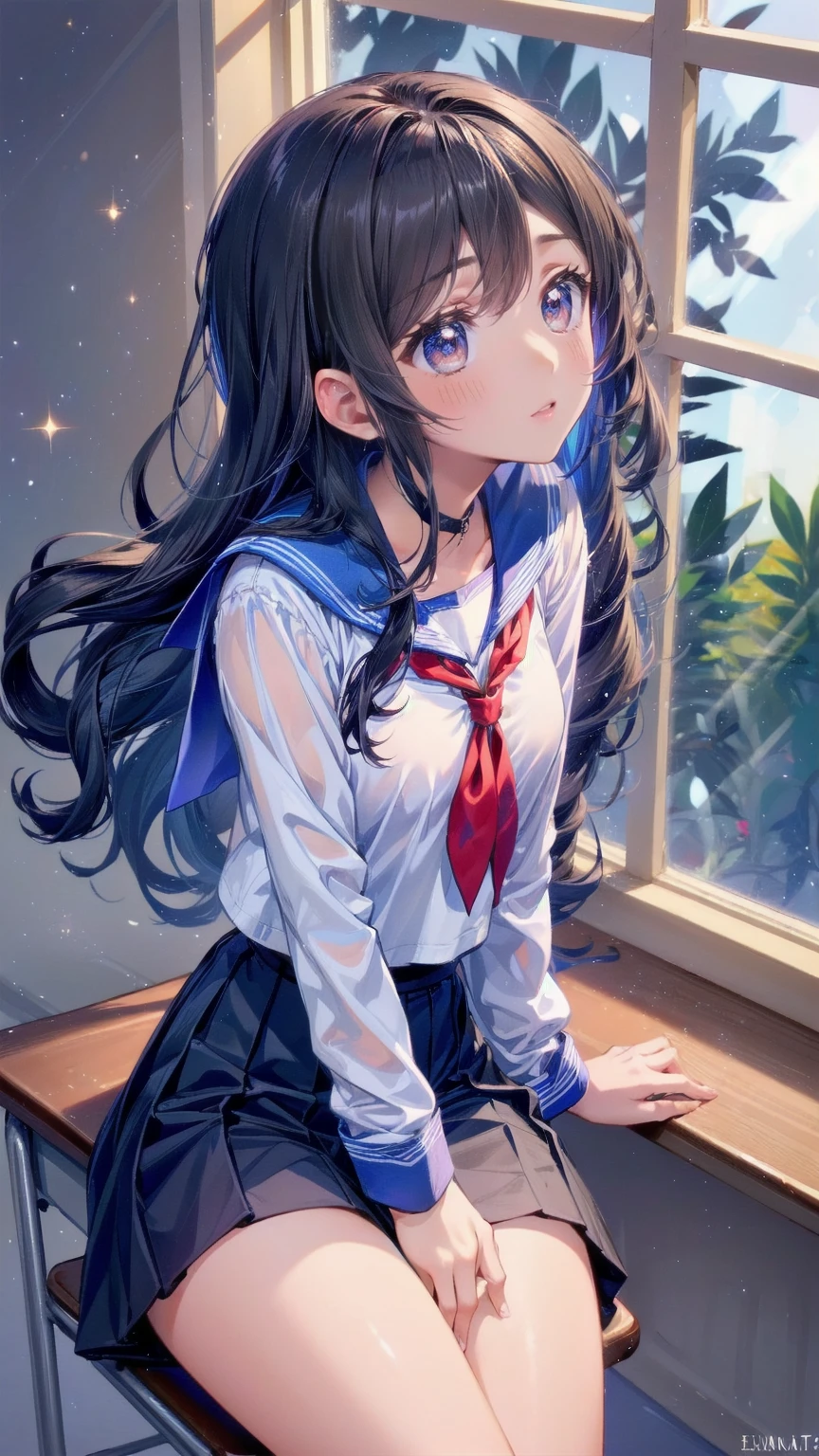  best quality, ( The background is a school classroom ),  1 girl,  sitting on a school chair , looking sideways,((Girl is looking out the window :1.3)), ( The girl is looking out of the classroom window ), (Classroom scene: 1.3), (During class:1.3), black long sleeve sailor suit,  Black Pleated Skirt,  black hair, Long Hair,  young girl, school desk,illumination