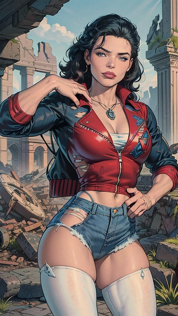 best quality,masterpiece,HDR,UHD,8K,masterpiece,Highly detailed,1girl,short hair,(upper body:1.1),detailed face,simple background,dress,medium size breasts,bare shoulders,girl,solo,blonde hair,twintails,jacket,short shorts,pantyhose,torn pantyhose,crop top,torn clothes,blood,clothes writing,makeup,blue eyes,eyeshadow,blue hair,midriff,navel,gloves,fishnets,multicolored clothes,belt,bracelet,spiked bracelet,multicolored hair,collar,graffiti, huge gigantic , big juicy lips, Harley Quinn white face make up,