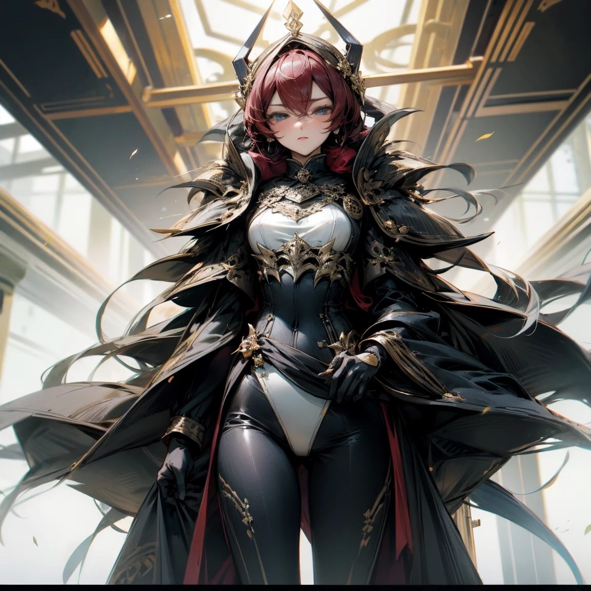 Female, alone, paladin of light, human, light powers, expert fighter, red hair, detailed eyes, beautifull face, long hair, defined body, yellow and bright eyes, thick legs, strong legs, tall, Voluptuous legs, black armor, palading black armor, huge ass, big hip, big ass,  wearing black coat, black and red robes, detailed eyes, big hips, thick body type