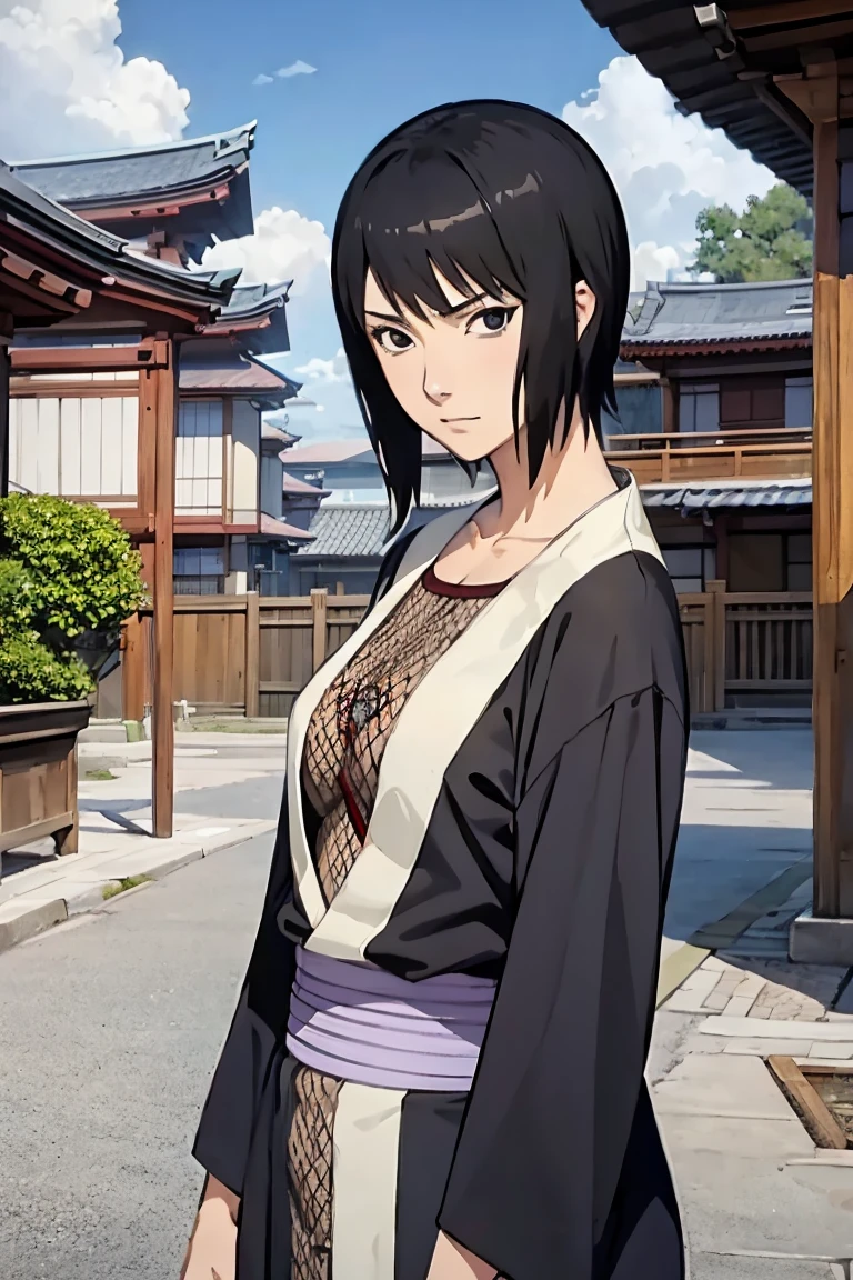 Anime style, masterpiece, best quality, shizune, black kimono, No bra, (small breasts),  Badass pose, looking at viewer, slight smile, Neckline, She's not wearing a shirt underneath, japanese architecture, outdoors, sky, realistic