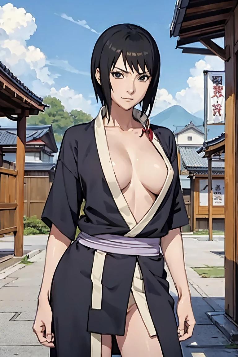 Anime style, masterpiece, best quality, shizune, black kimono, No bra, (small breasts),  Badass pose, looking at viewer, slight smile, Neckline, She's not wearing a shirt underneath, japanese architecture, outdoors, sky, realistic