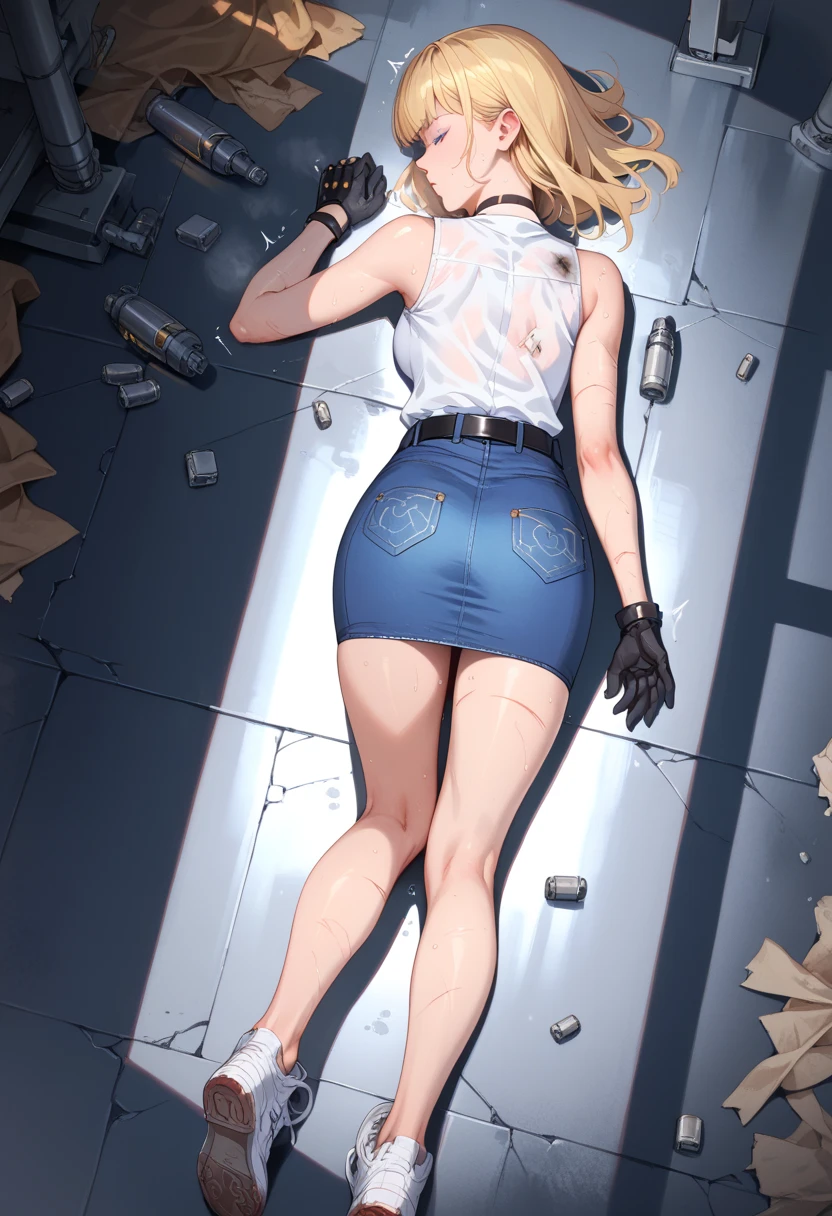 bangs, blue eyes, blonde hair, dress shirt, denim skirt, bare legs, white sneakers , sweat, trembling , full body shot, denim pencil skirt, sleeveless , view from above , dutch angle, back focus, lying, arms at sides , Show me your palms , trembling, steaming body , injury, sweat, cuts, science fiction, amazing quality, very aesthetic, highres, incredibly absurdres , eyes are closed, concrete floor, black gloves , black choker, black belt