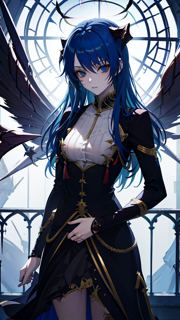 anime, Gothic art, anime style, drop shadow, UHD, masterpiece, retina, accurate, anatomically correct, super detail, textured skin, high details, high quality, award winning, highres, 16k, teenage, sadistic, elegance, blue hair, long hair