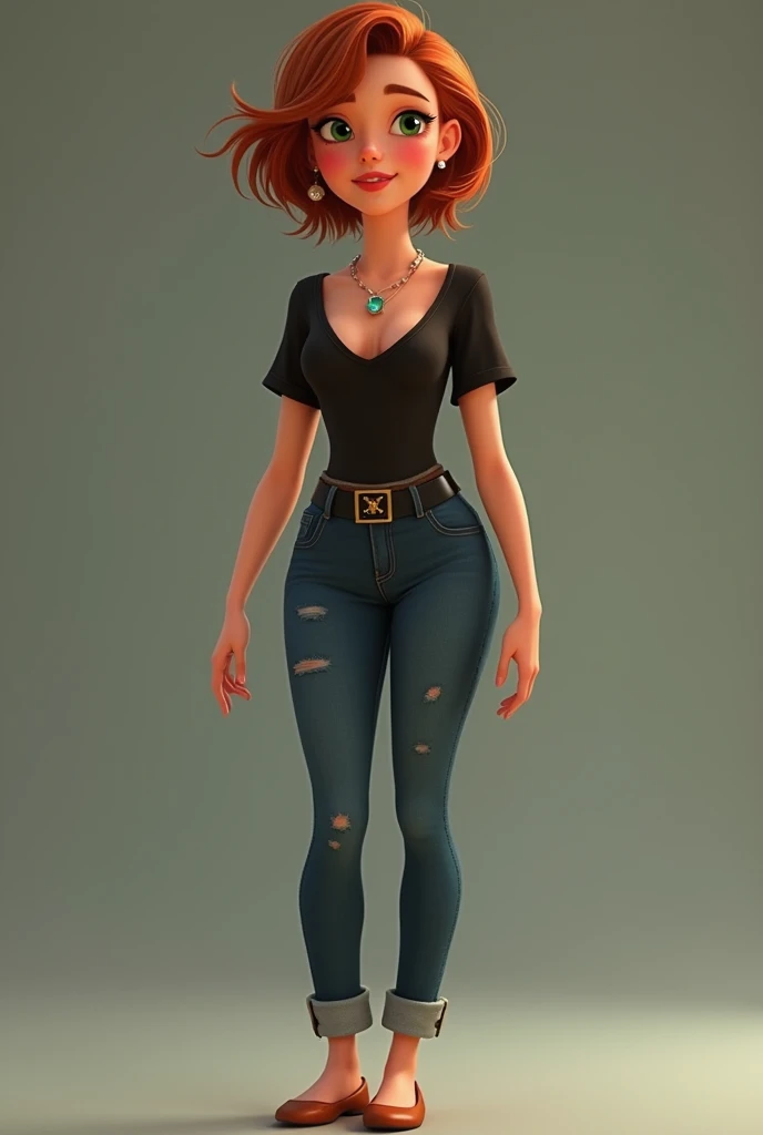 (masterpice, best quality), AmityBlight, short height, young, makeup, black earrings, yellow eyes, short hair, (purple hair:1.4), pointed ears, tank top, (((cleavage))),small breasts, amulet, (tight jeans), standing, looking at viewer, seductive smile, naughty face, nose blush