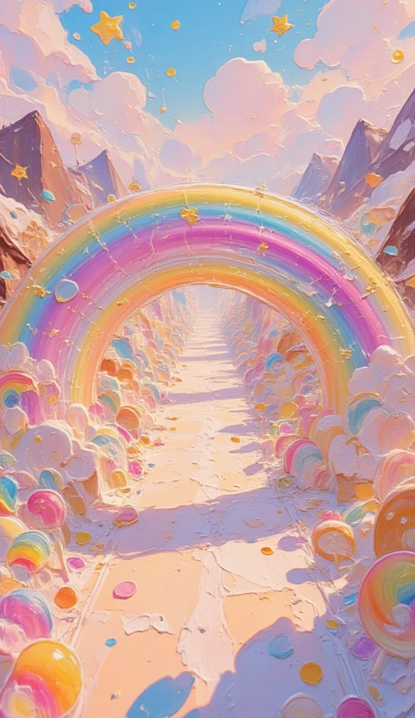 a rainbow bridge leading into candy land. camera focus on the rainbow bridge.