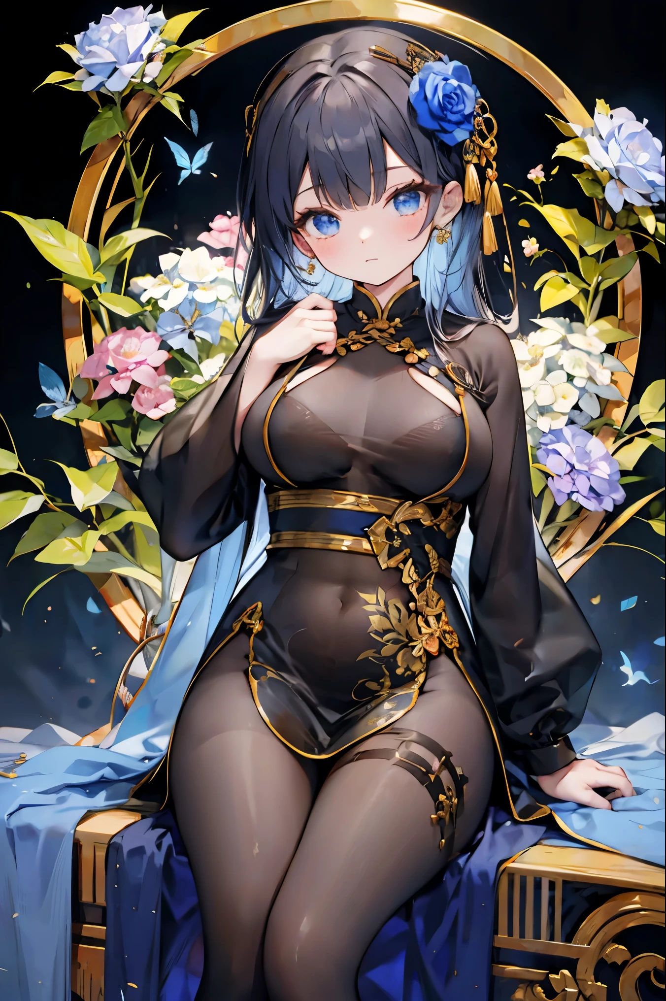 qipao,1girl,blue bow,blue eyes,blue flower,blue ribbon,blue rose,breasts,china dress,chinese clothes,dress,flower,gradient,gradient background,hydrangea,looking at viewer,medium breasts,pantyhose,rose,solo,thighband pantyhose