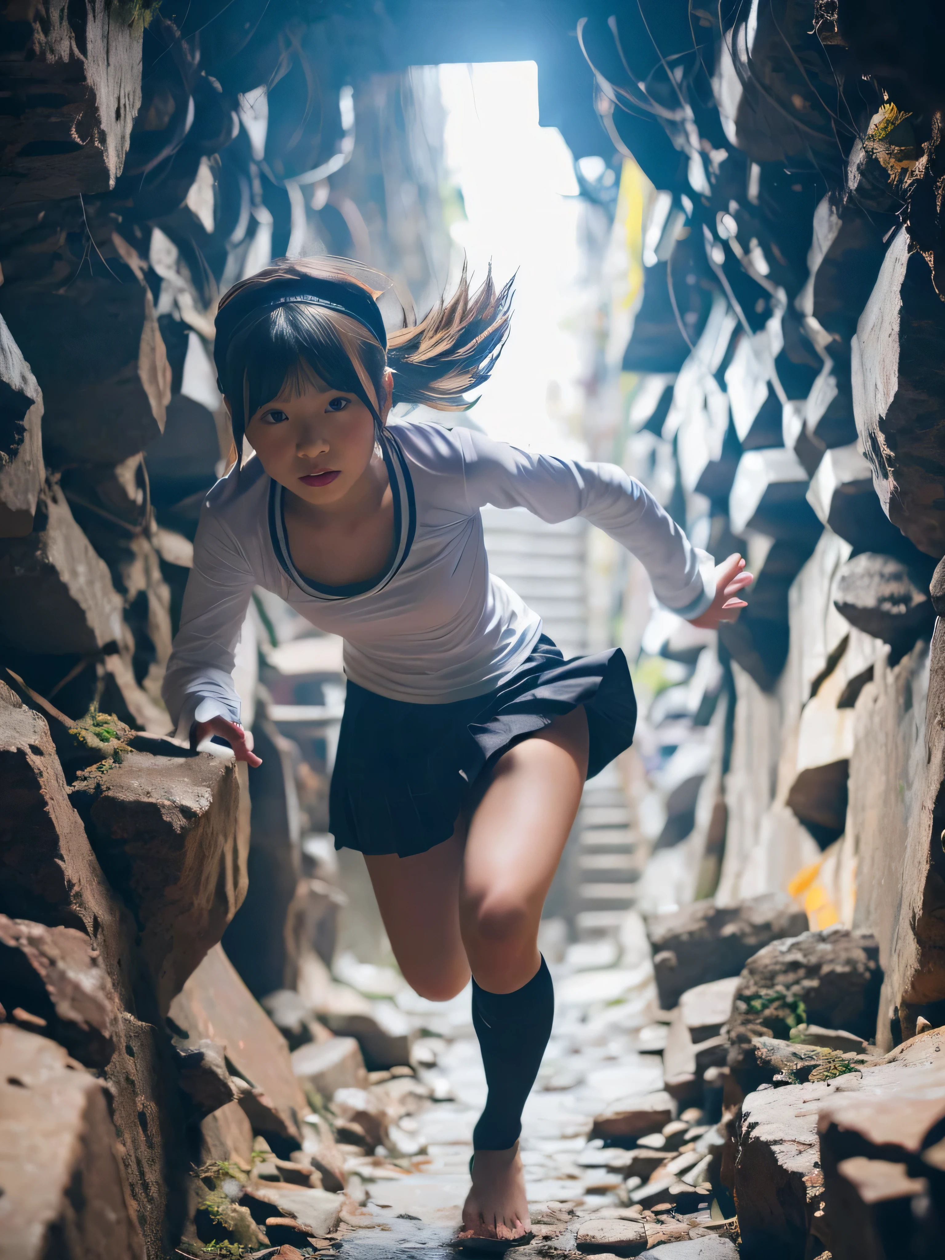 A girl having soo many steps to climb seeing up in the sky