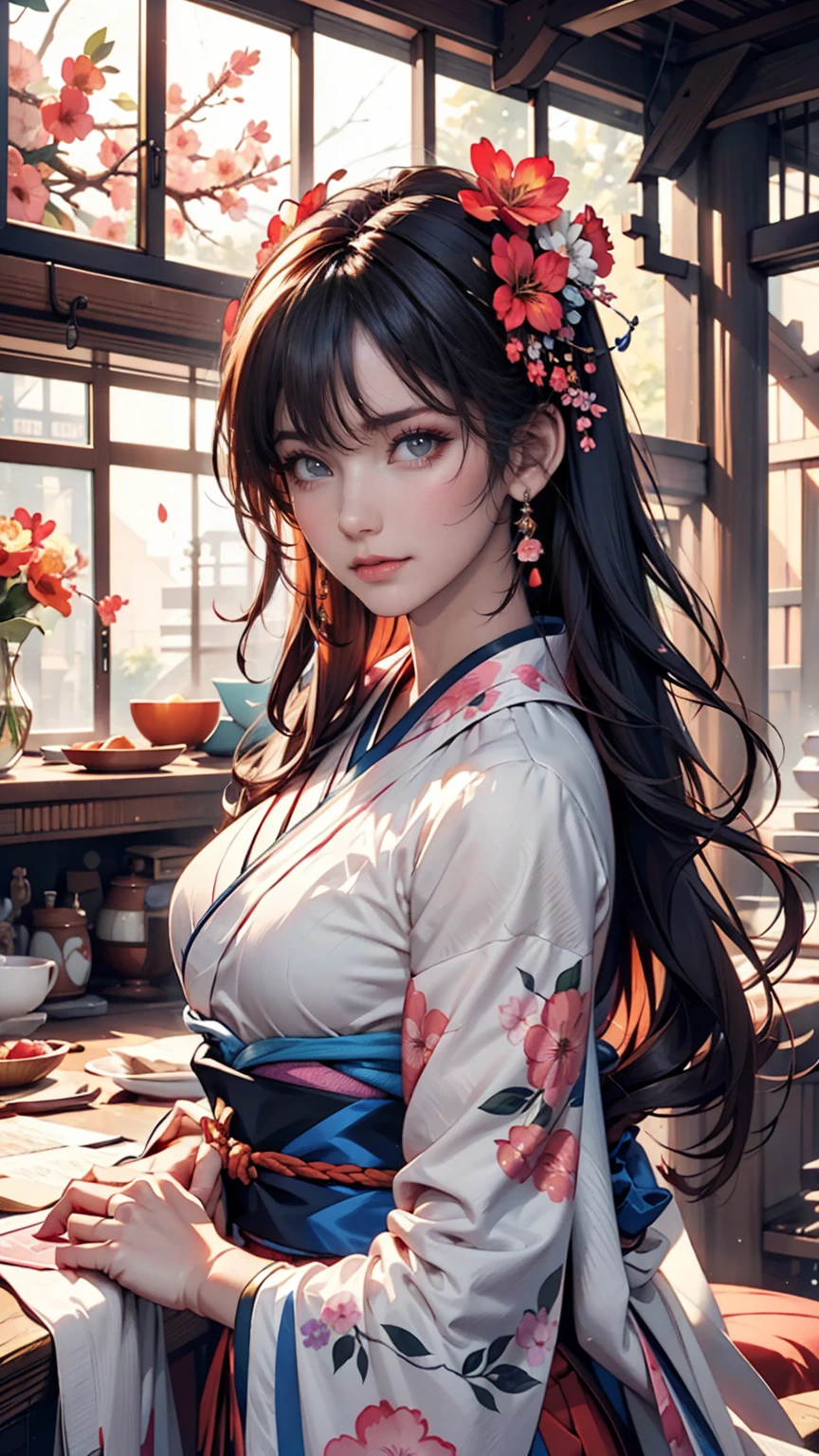 Arabian woman in kimono with flowers on her head,  Stunning Digital Artwork,  Beautiful Digital Illustrations ,   realism and watercolor  ,  beautiful digital painting , Guweiz-style work ,  anime girl rendering like the picture, smooth anime cg art,  Stunning Digital Art, EXQUISITE DIGITAL ART ,   Beautiful Digital Illustrations  ,  Detailed Digital Anime Art, April Rendering,  beautiful anime portrait 