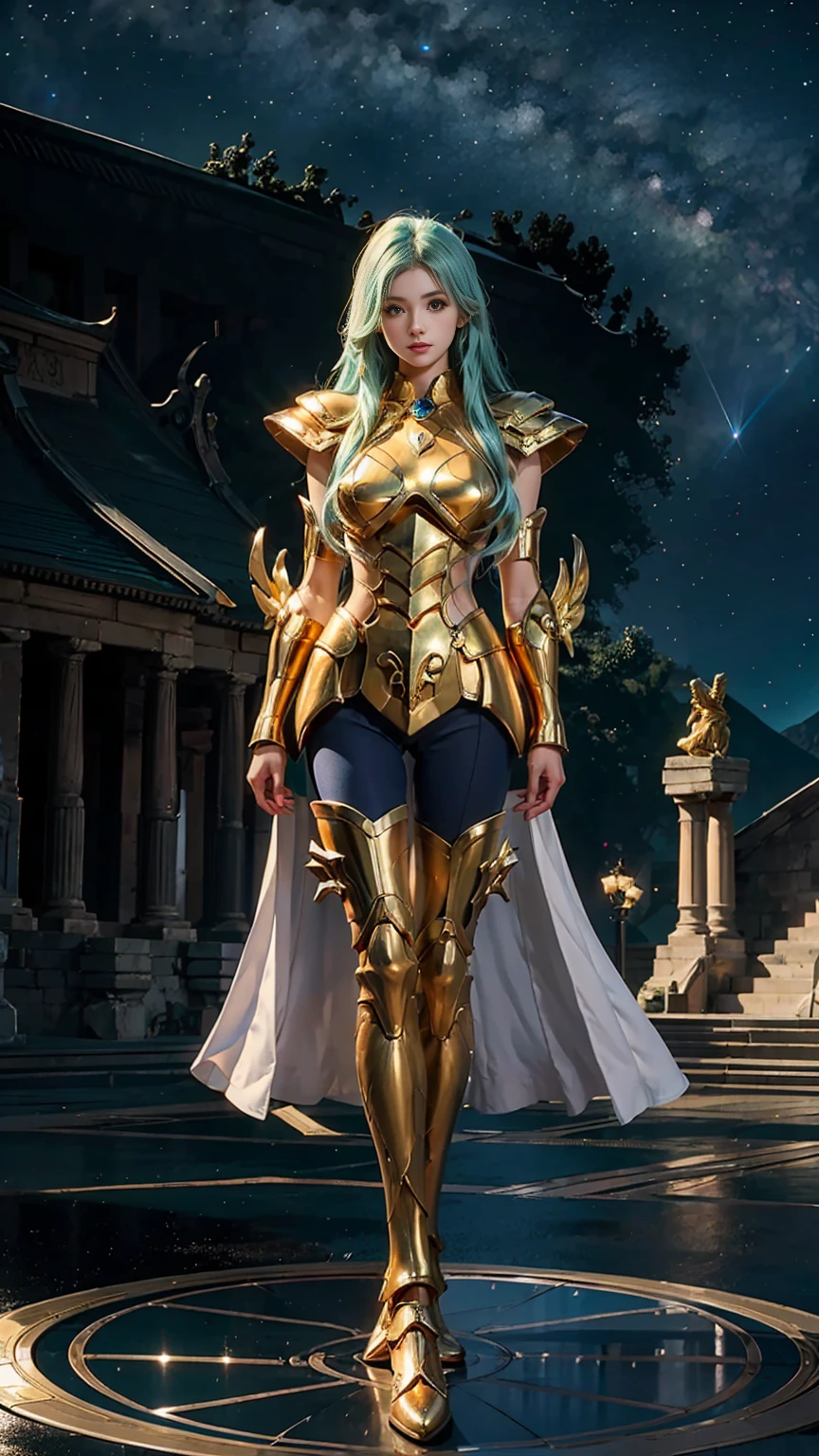 realistically， masterpiece， best quality， high resolution, 1 girl， is a perfect face， Athena temple， Transparent vinyl that adheres to skin， Very long blue hair， green eyes， pale skin， Pisces， gold armor and white parts， armor，  line art ， low pitch， sharp focus， Octane Renderer，(starry sky background，facing the audience:1.2)Standing on the gorgeous magic circle，huge boobs,  highly detailed, 