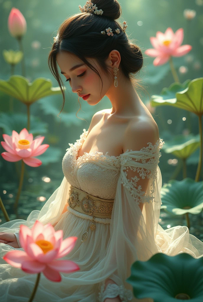 ultra high resolution,((masterpiece))),(((best quality))),((super detailed)),((extremely delicate and beautiful)),cinematic light,detailed environment,(real),cinematic light,detailed environment,(real),
(RAW photo, 4k, realistic, exquisitely detailed skin :1.3),masterpiece,best quality,an award-winning work,ultra detailed,depth of field,cinematic angle,cinematic light,low key,dark scene,(soft warm laterial lighting:1.2),(hdr:1.4),
(hyperrealism, soft light, sharp),(hyperdetailed:1.2),cinematic lighting,explosions,over exposure,intricate details,magazine cover,dynamic angle,chiaroscuro,emotional impression,lying,
(realistic, photo-realistic:1.37),extremely detailed,photography,8k,Amazing,finely detailed,best quality,ultra high res,exceptional detail,atmospheric depth,masterful technique,harmonious composition,cinematic lighting,immersive atmosphere,stunning visuals,rose Red and blue,light bronze and indigo,
xuer Lotus leaf,1girl,(full body:1.1),hanfu,chinese clothes,long sleeves,jewelry,Dynamic Angle,Perspective,extremely beautiful skin,natural skin texture,beautiful and aesthetic,atmospheric,extremely detailed background,(shiny skin:1.5),(exposed collarbone, exposed shoulders:1.2),
<lora:~Q?-wS xuer Lotus leaf:0.8>,