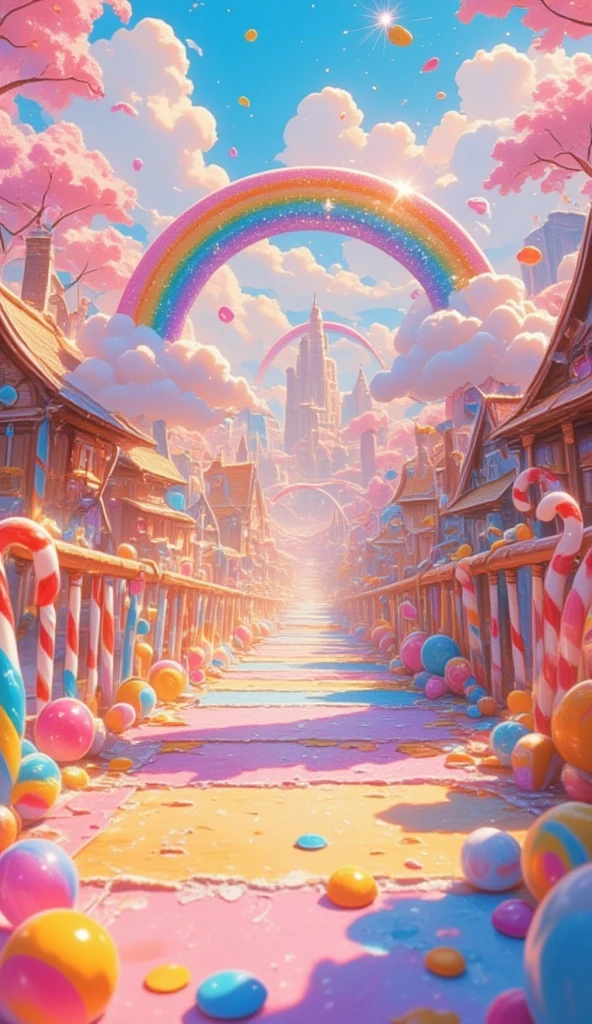 a rainbow bridge leading into candy land. camera focus on the rainbow bridge.