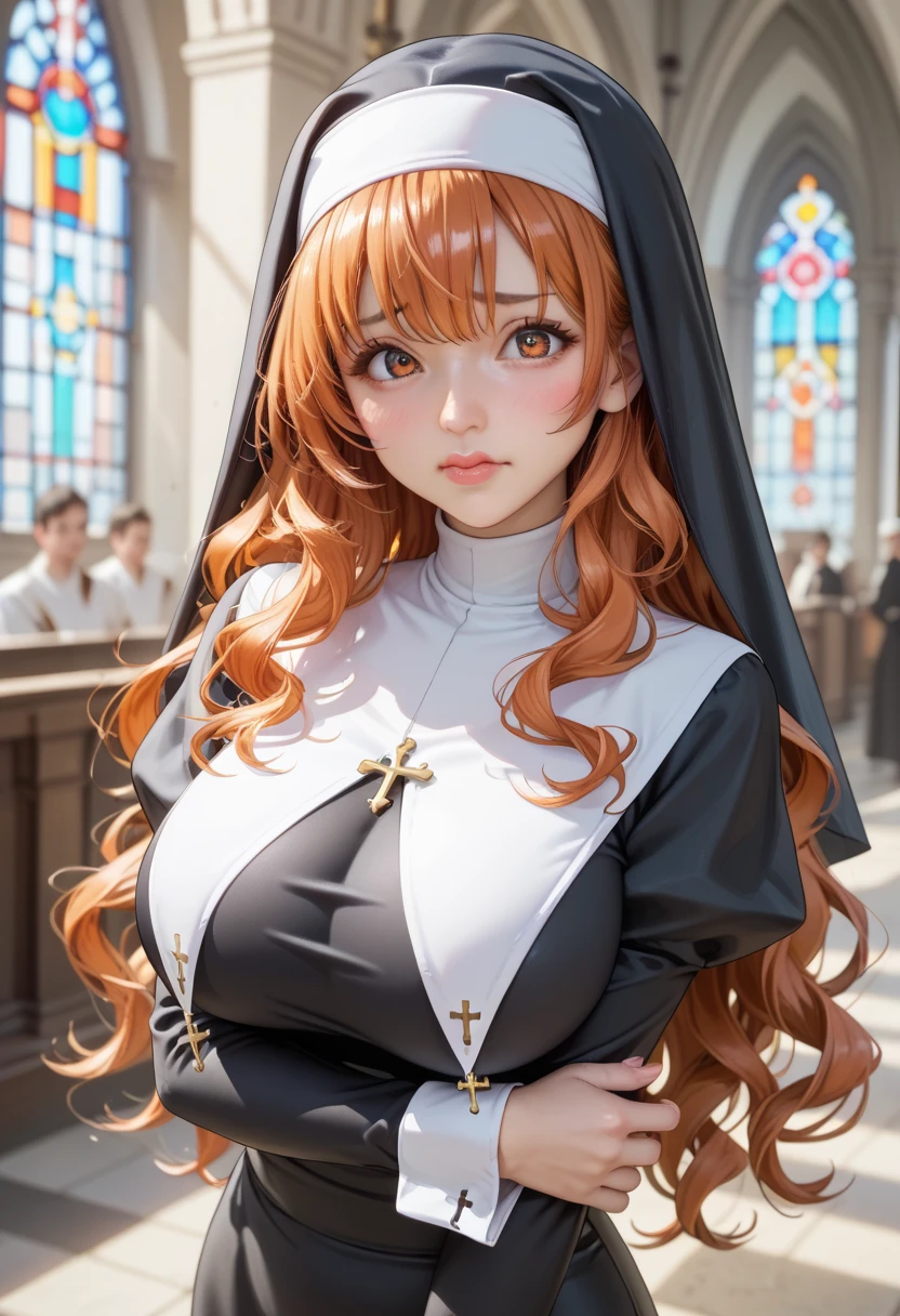  score_9,  score_8_up,  score_7_up, (( best quality)) 、(Beautiful face) 、shiny skin　、Big Breasts　、 orange hair　、Thin Nose　、high nose　、(nun) ,(lips) 、 long hair、bangs ,Wavy Hair , black tights 　,Big eyes , embarrassed face 