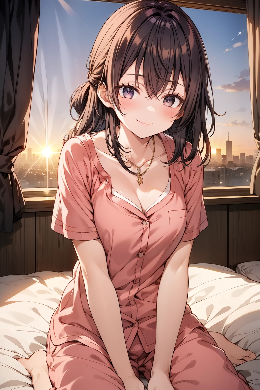 "(sunrise:1.7),  A 22-year-old girl lying on a luxurious bed , con beautifuls dedos, un beautiful cuerpo, a beautiful nose ,  Perfect Eyes,  a perfect face and an impressive character design .  An anime girl with jet-black hair that falls in loose waves ,  wearing an adorable set of soft pajamas .  pajama set is made of silky fabric ,  adorned with small prints like stars or clouds ,  giving it a cozy touch and a playful look .  The pajama t-shirt is loose ,  with short sleeves, y los pantalones son cómodos pero favorecedores,  gently embracing her figure while resting .  She has deep black eyes and a warm inviting smile ,  with a bright blush on the cheeks .  A delicate necklace around her neck shines weakly in the morning light .

 The background presents an impressive skyline of the city when the sun rises .  The The first rays of sunlight cast a golden glow on the top of buildings, con cálidos tonos naranjas y rosas que llenan el cielo.  The soft light of the morning bathes her figure ,  creating a calm and serene atmosphere in the room .  The window shows a view of imposing skyscrapers ,  with its glass windows reflecting sunlight . La habitación es acogedora y moderna,  with luxurious bedding that contrasts with the outdoor urban environment .  A hand rests delicately on your pillow ,  while the other touches her hair ,  adding a touch of intimacy to the scene .

The shine is perfect ,  is with the early sunlight enhancing her figure and the delicate details of her pajamas and add-ons . The scene is very detailed, with a romantic atmosphere , Bokeh Effects,  and the soft flashes of the lenses to emphasize how dreamy and cozy the composition .  The final rendering is in ultra high resolution  (8K, HDR-10),  with a film grain to add texture . (beautiful_rostro:1