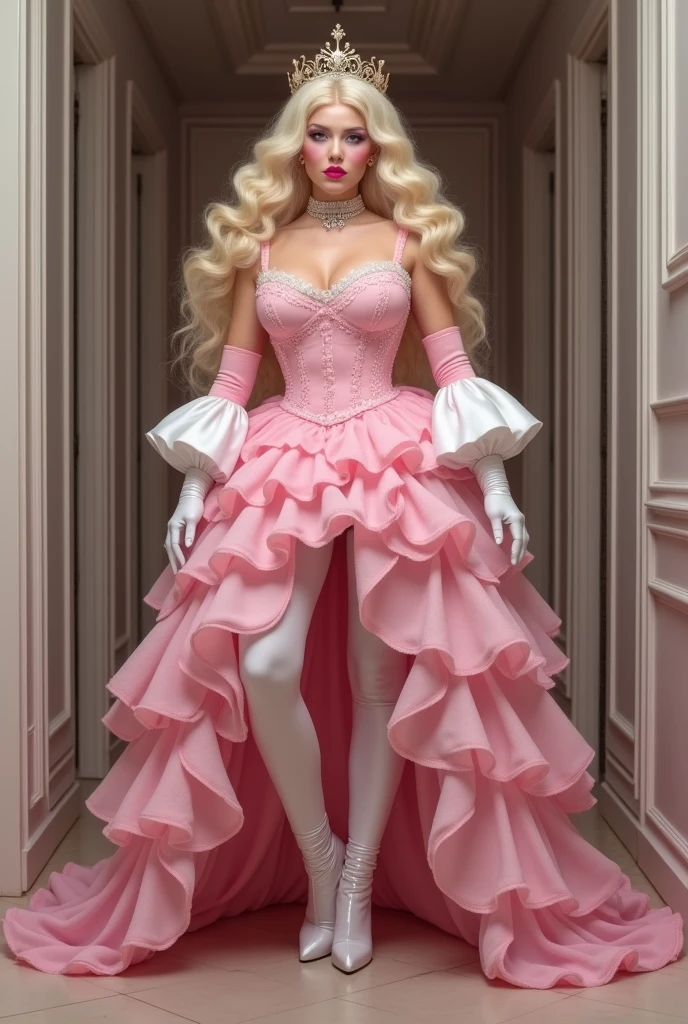 a pin up picture of goth (Elf: 1.4) Barbie as a dominatrix queen (best details, Masterpiece, best quality :1.5), ultra detailed face (best details, Masterpiece, best quality :1.5), ultra feminine (best details, Masterpiece, best quality :1.5), wearing latex pink mini dress, pink stockings, pink high heels, small elf ears, long braided hair, hair pulled back, blond hair, modern bedroom background (best details, Masterpiece, best quality :1.5), ultra best realistic pictures , best details, best quality, 16k, [ultra detailed], masterpiece, best quality, (extremely detailed), ultra wide shot, photorealism, depth of field, hyper realistic painting