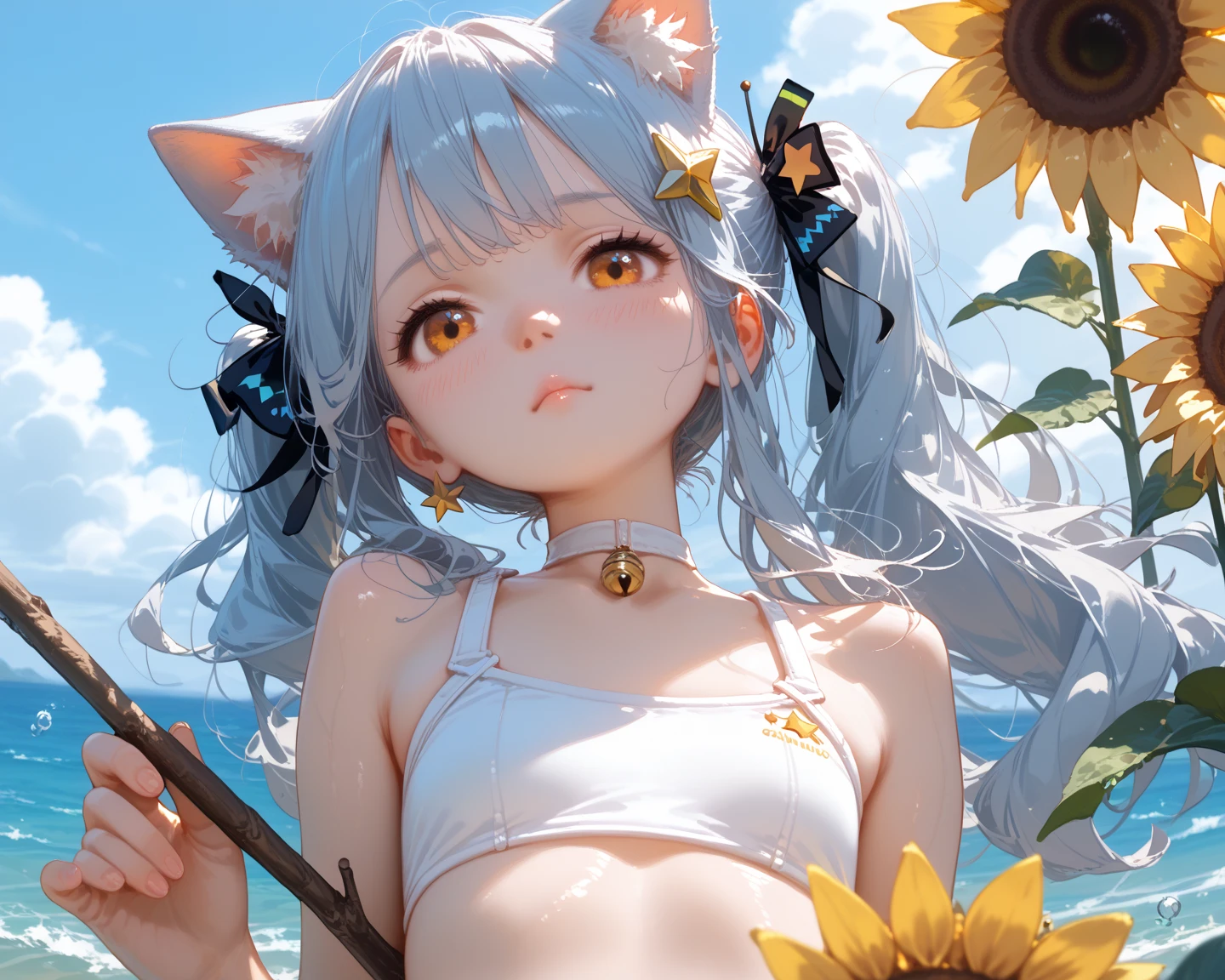 1 girl, Long hair,  with horse hair,  light blue hair ,  best quality ,  protagonist , cute, Young girl, , stick a star-shaped hairpin on the head,  yellow-orange eyes, bright, White swimsuit, shy, Cat ears, Holding a sunflower ,  below , sea