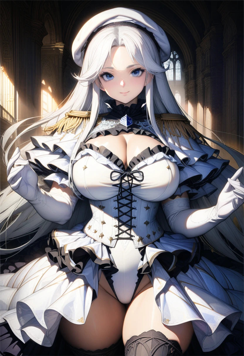 (solo),1girl,Azur Lane style,cowboy shot,A beautiful face with perfect makeup,Curvy body,stifled laugh,((white royal knight armor high leg leotard:1.5)),((black multicolored layered ruffle princess dress:1.5)),((epaulettes layered armored leotard)),(battle dress lace up corset top dress:1.3),(Beret:1.3),((ruffle layered skirt)),(thigh-high boots),((black pantyhose)),((white hair long straight hair:1.2)),(layered ruffle long cloak),He has a spear in his hand,a spear facing the ground,fitted bodice,puffed sleeves,big hair ribbon,Long hair parted bangs with volume,Huge voluminous saggy breasts,white dress elbow gloves,white thigh high boots,cleavage,beautiful blue eyes,perfectly accurate hand,perfect fingers,long glove,greeting,The Royal Palace's Great Hall,beautiful lighting,masterpiece,highest quality,8k,Ultra-detailed anime style,(cameltoe:0.5),