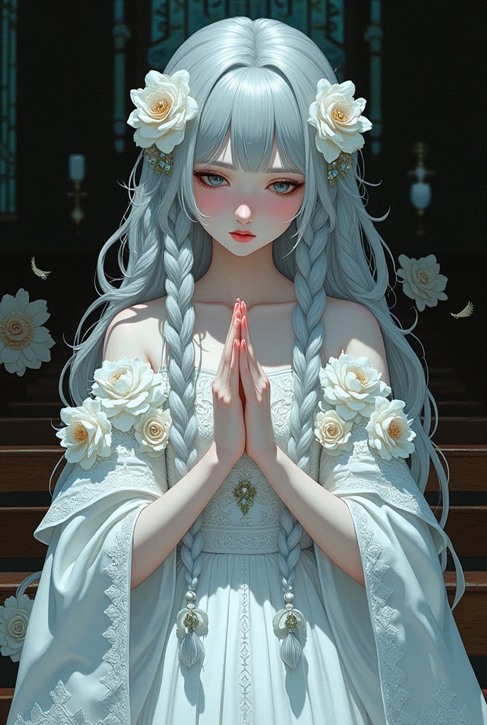 bride，    This style was inspired by the red tiger in Qingdao，   white wedding dress，  白色bride围巾  ， The head is decorated with white flowers    ， Silver Hair， Sapphire eyes ，Pale face，  sad expression   ，Lower your head，pray，Beautiful hands，gothic style，  gouache illustration  ，Church Background，masterpiece，HD