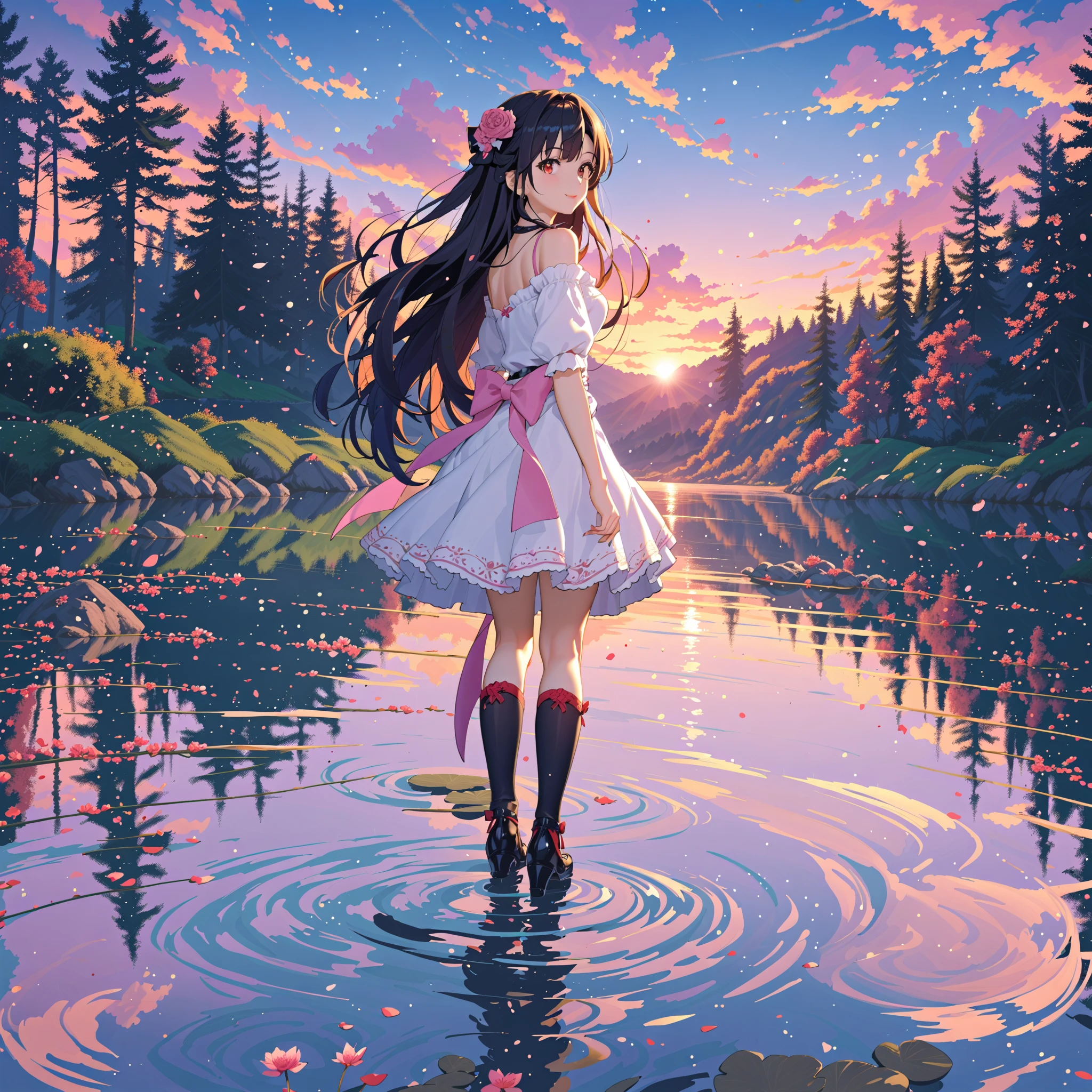 (masterpiece), (best_quality:1.3), (ultra_detailed:1.3), 8k, (((extremely clear))), vivid color, cinematic lighting,
perfect proportion, perfect anatomy, 1girl, miku, large breasts, exquisite facial features, prefect face, ((serafuku))
serene expression, beautiful gradient hair, 
scenery, clear blue transparent sky, fantasy valley in mountains, outdoor,
intricate adorable beautiful face, hair ornaments,  wearing fantasy colorful ruffled party gown, noble luxury beautiful gown,
flower style, ((pink white thighhighs with Four-pointed star pattern embellishment without shoes)),  (topless, bra),
((beautiful and delicate water, the finest grass, very delicate light, nature, painting, water spray, breeze, flowers and grass meadow, near the water edge, sunset, starry sky in a circle, randomly distributed clouds, river, splashing water, falling petals )), 
(((Tyndall effect, available light))), 
((wash painting)),((ink splashing)),((color splashing)),((((dyeing)))),((Chinese style)),
(((colorful bubble))), colorful glass, looking at mirror, (partially underwater shot:1.2),