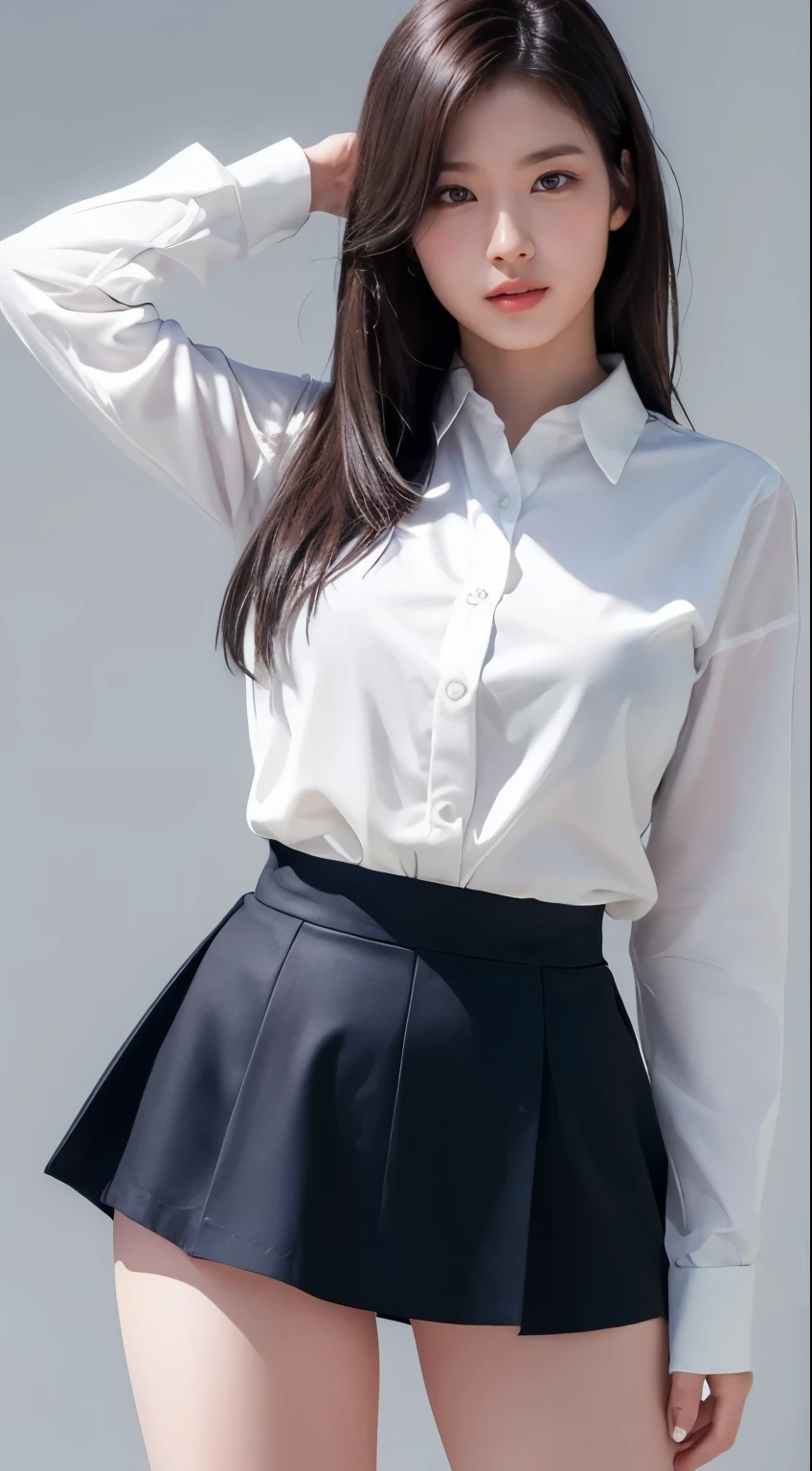 Masterpiece, High Resolution, Ultra High Resolution, 4K, black hair, navy blue Skirt, ((white shirt)), simple grey background, Highlighted Thighs, White Thighs, Soft Thighs, Shiny Thighs, Face to Face Angle, Angle from Below, Camera Zoom to Hip Joint, Full Body, Looking Down and Sleepy, Looking Only at the Viewer, Top Quality, Ultra High Resolution, Photorealistic, High Resolution, Detailed, Lens Rich Colors, Ultra Realistic and Lifelike Textures, Dramatic Lighting, Unreal Engine, Moles