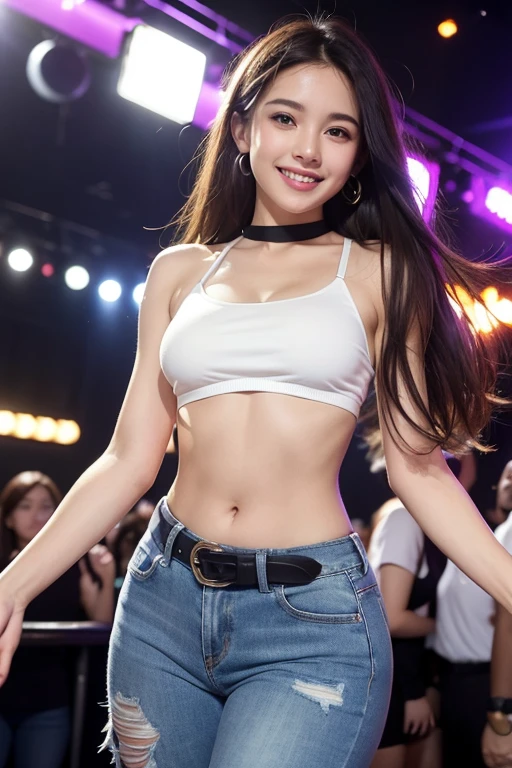 A young woman with long, straight brown hair dances joyfully in a lively nightclub environment. She is wearing a white black mini bralette and light-wash jeans with a black belt, showcasing a casual yet chic party look. The background is filled with a crowd of people and vibrant multicolored lights, creating an energetic and fun atmosphere. The lighting highlights her glowing skin and bright smile, emphasizing her cheerful expression. The focus is on the woman, while the background remains softly blurred to enhance the lively mood of the scene.