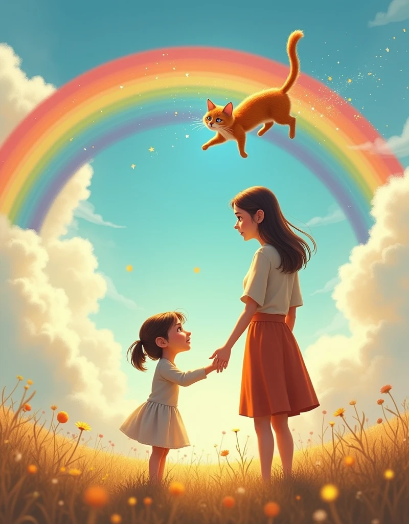 ((a girl cries in the foreground   ,  this girl is hugged by her mom   ))  они машут руками  в след своей to a kitty running across the rainbow into the clouds , touching picture , Pixar style, highest quality of detail , ( The cat looks back at them and runs up to the clouds through the rainbow ), sad and sweet picture ,  the girl's goodbye to her cat ,(( , a cat runs across the rainbow up to the clouds ))(to a kitty running across the rainbow into the clouds ),to a kitty running across the rainbow into the clouds 