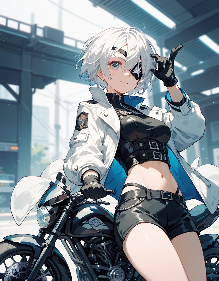  ,White hair,Short hair, in blue eyes, eyes patch, White coat, medium breasts,cool, With Black Shorts ,Black shirt with black sleeves , shorts, wear gloves,Drive a big, all-black motorcycle,Cute girl