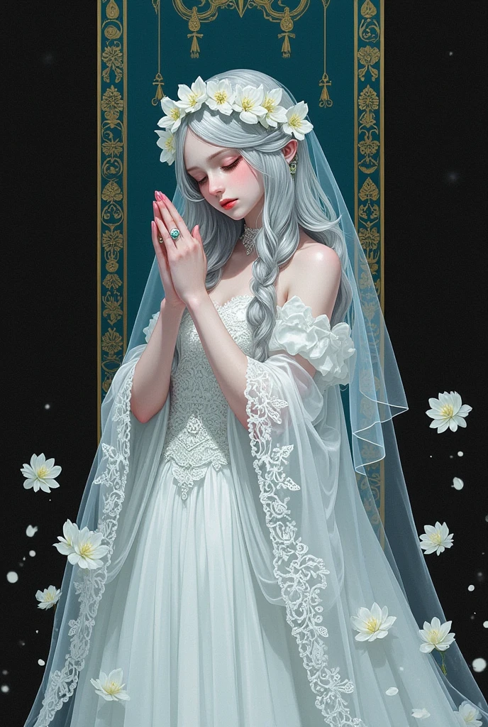 bride，    This style was inspired by the red tiger in Qingdao，   white wedding dress，  白色bride围巾  ， The head is decorated with white flowers    ， Silver Hair， Sapphire eyes ，Pale face，  sad expression   ，Lower your head，pray，Beautiful hands，gothic style，  gouache illustration  ，Church Background，masterpiece，HD